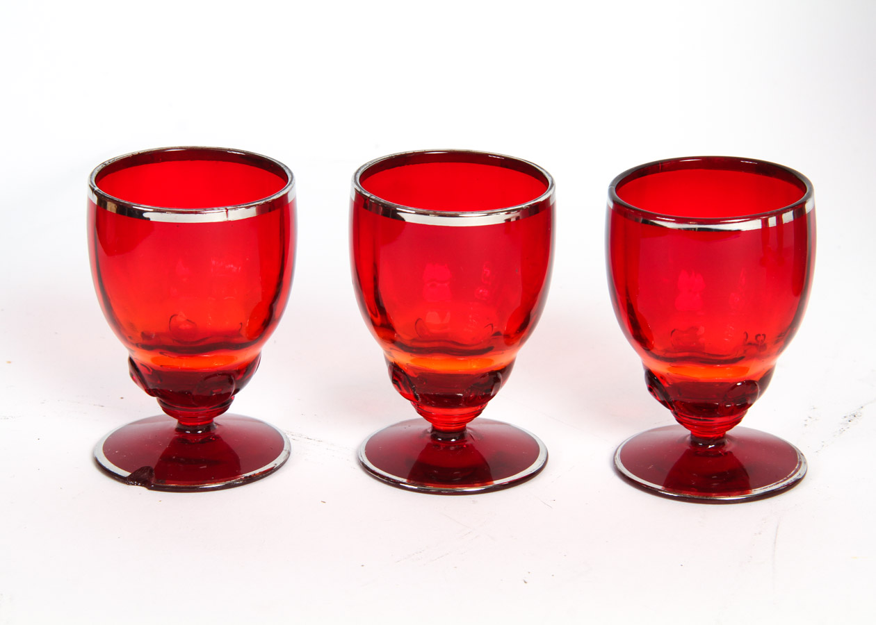 Red Glass and Sterling Overlay Cocktail Shaker With Glasses