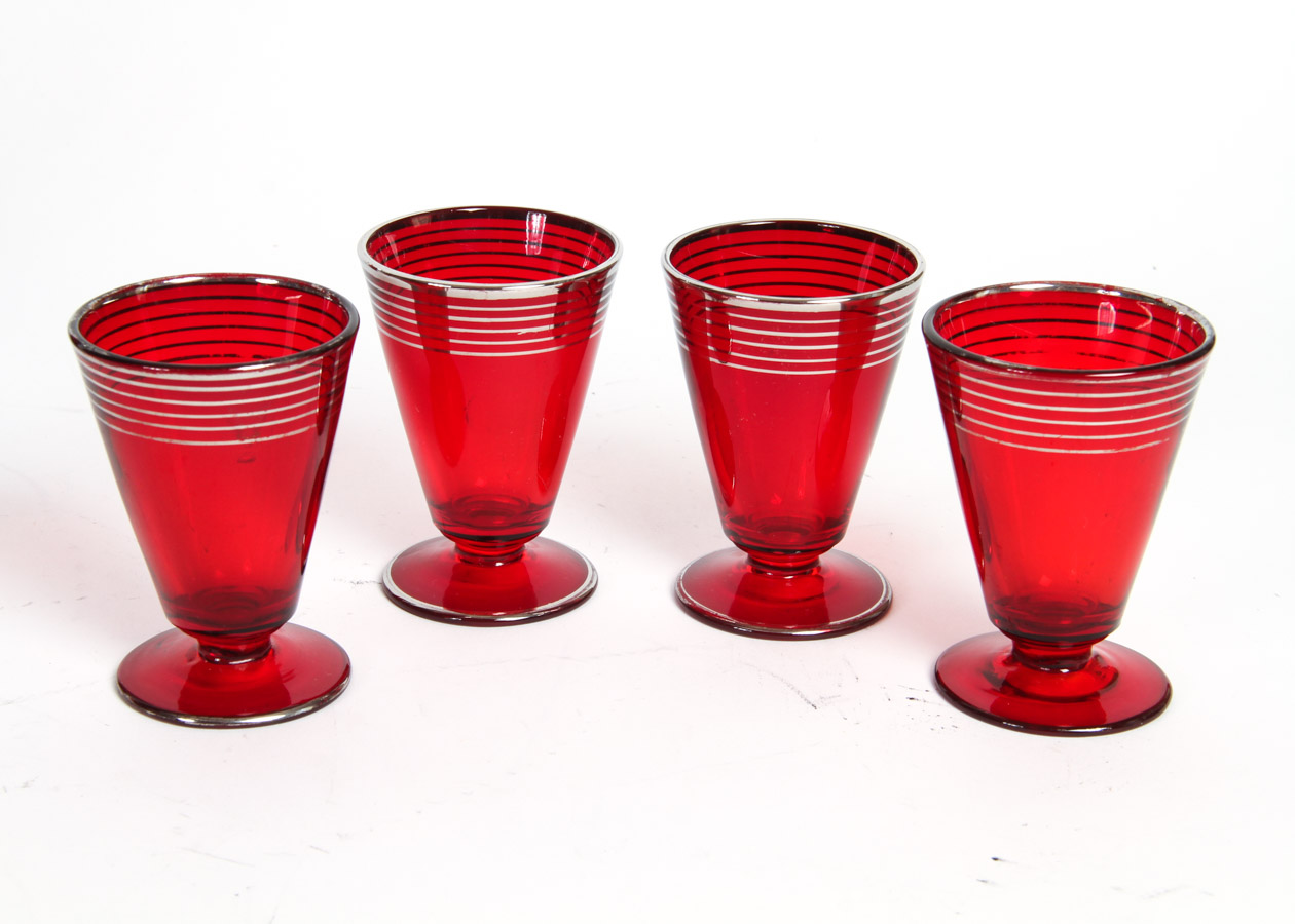 Red Glass and Sterling Overlay Cocktail Shaker With Glasses