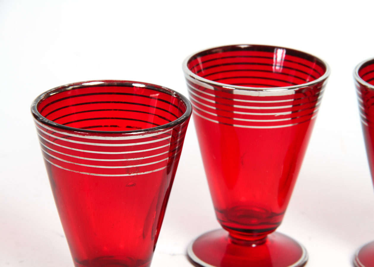 Red Glass and Sterling Overlay Cocktail Shaker With Glasses