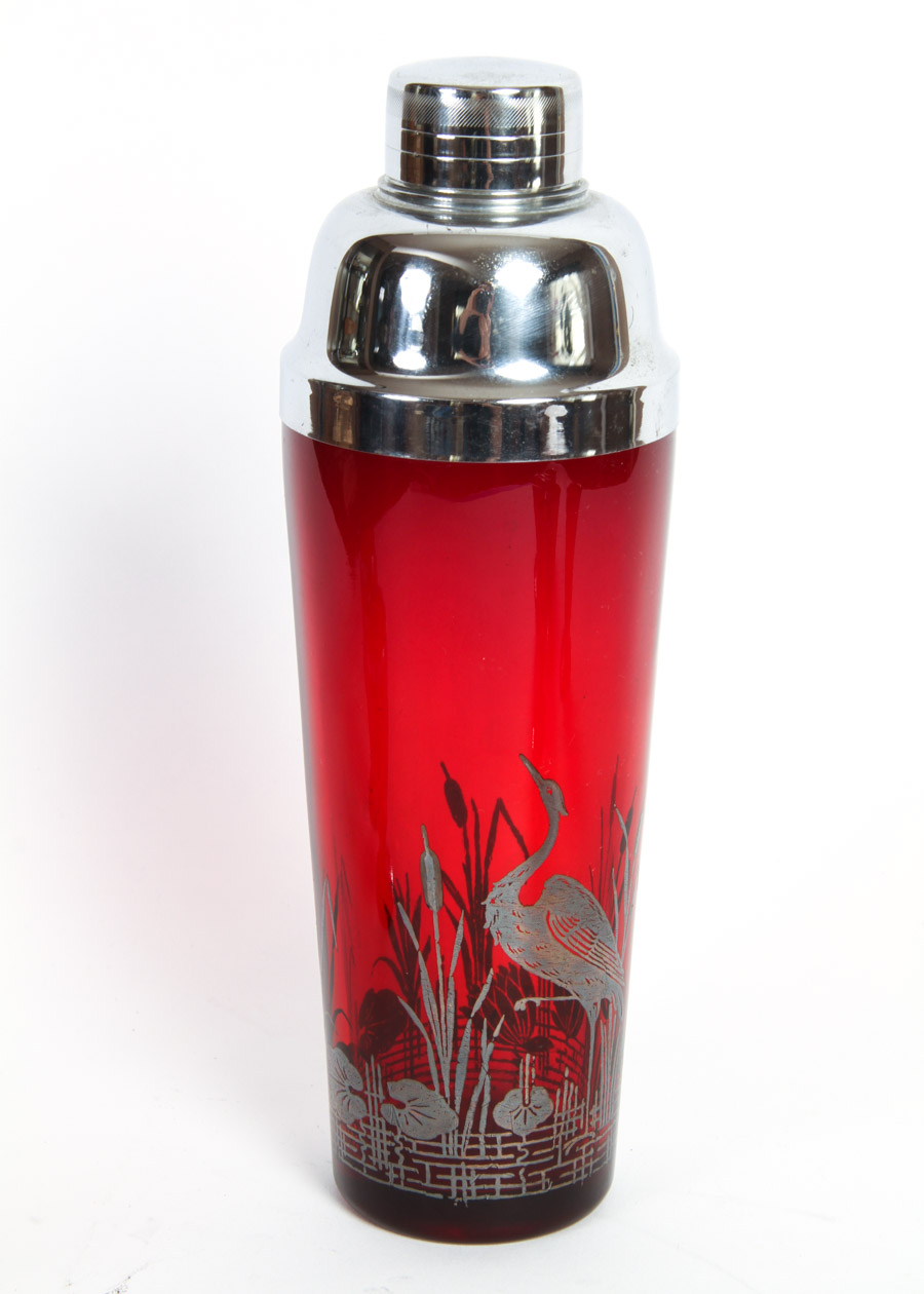 Red Glass and Sterling Overlay Cocktail Shaker With Glasses
