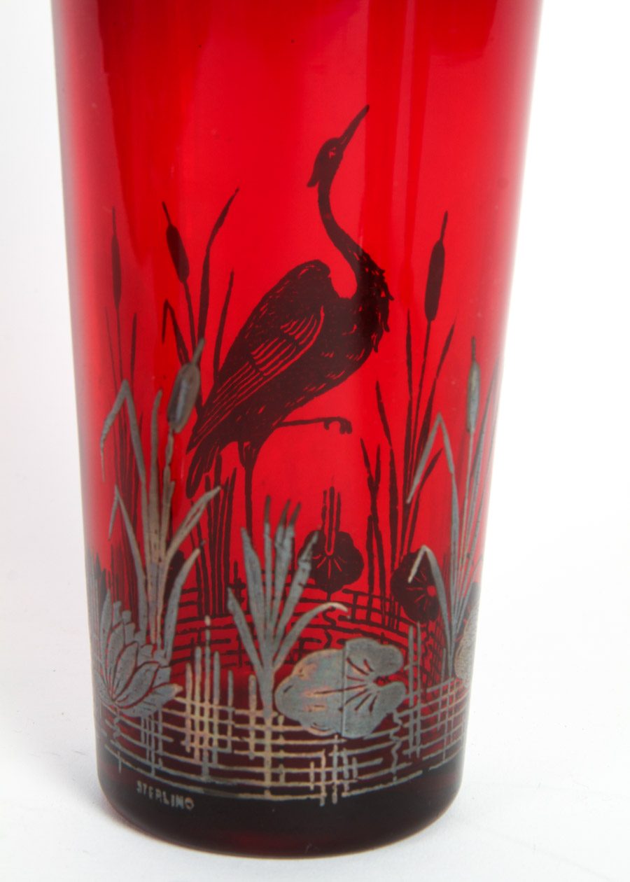 Red Glass and Sterling Overlay Cocktail Shaker With Glasses