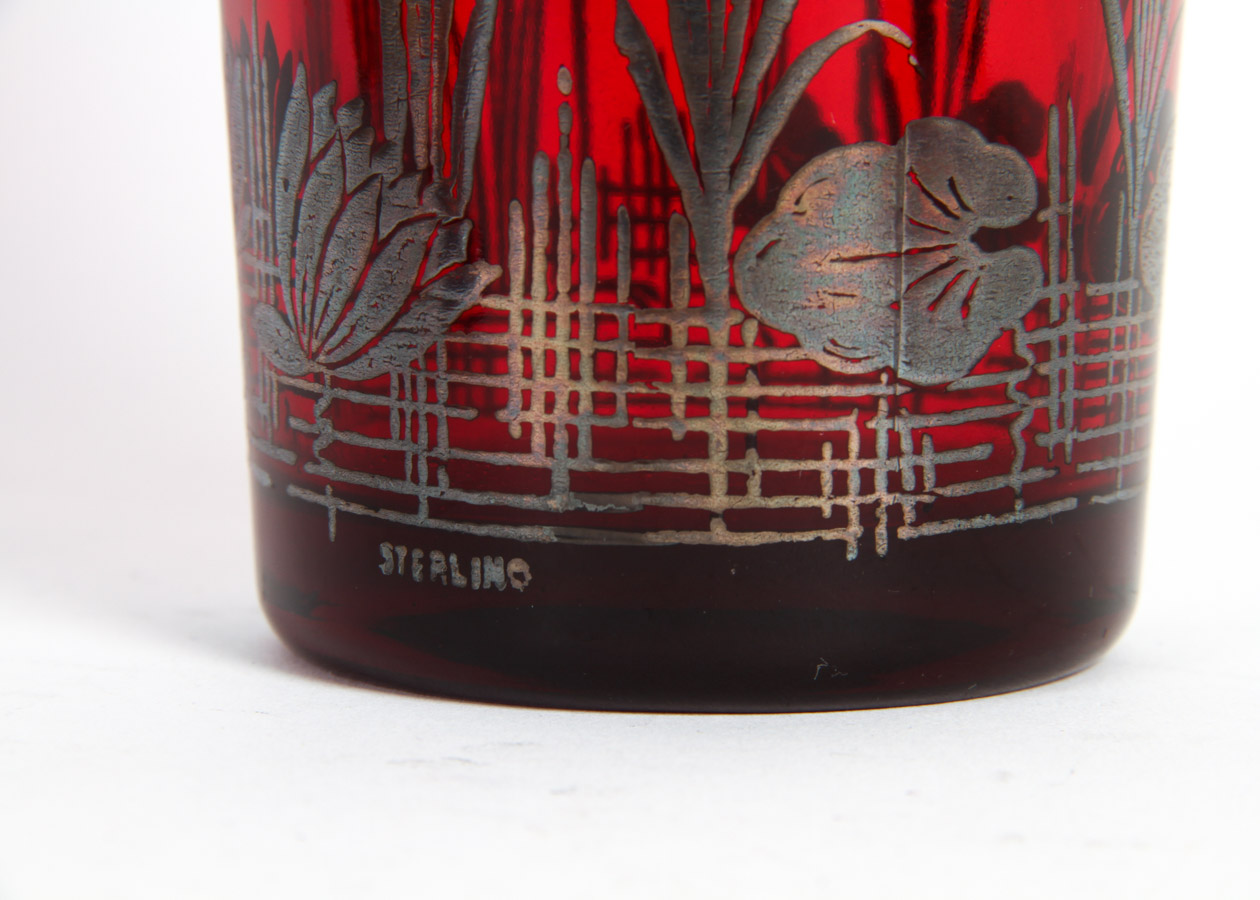 Red Glass and Sterling Overlay Cocktail Shaker With Glasses