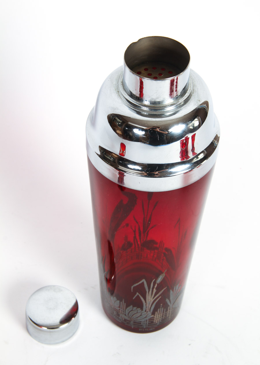 Red Glass and Sterling Overlay Cocktail Shaker With Glasses