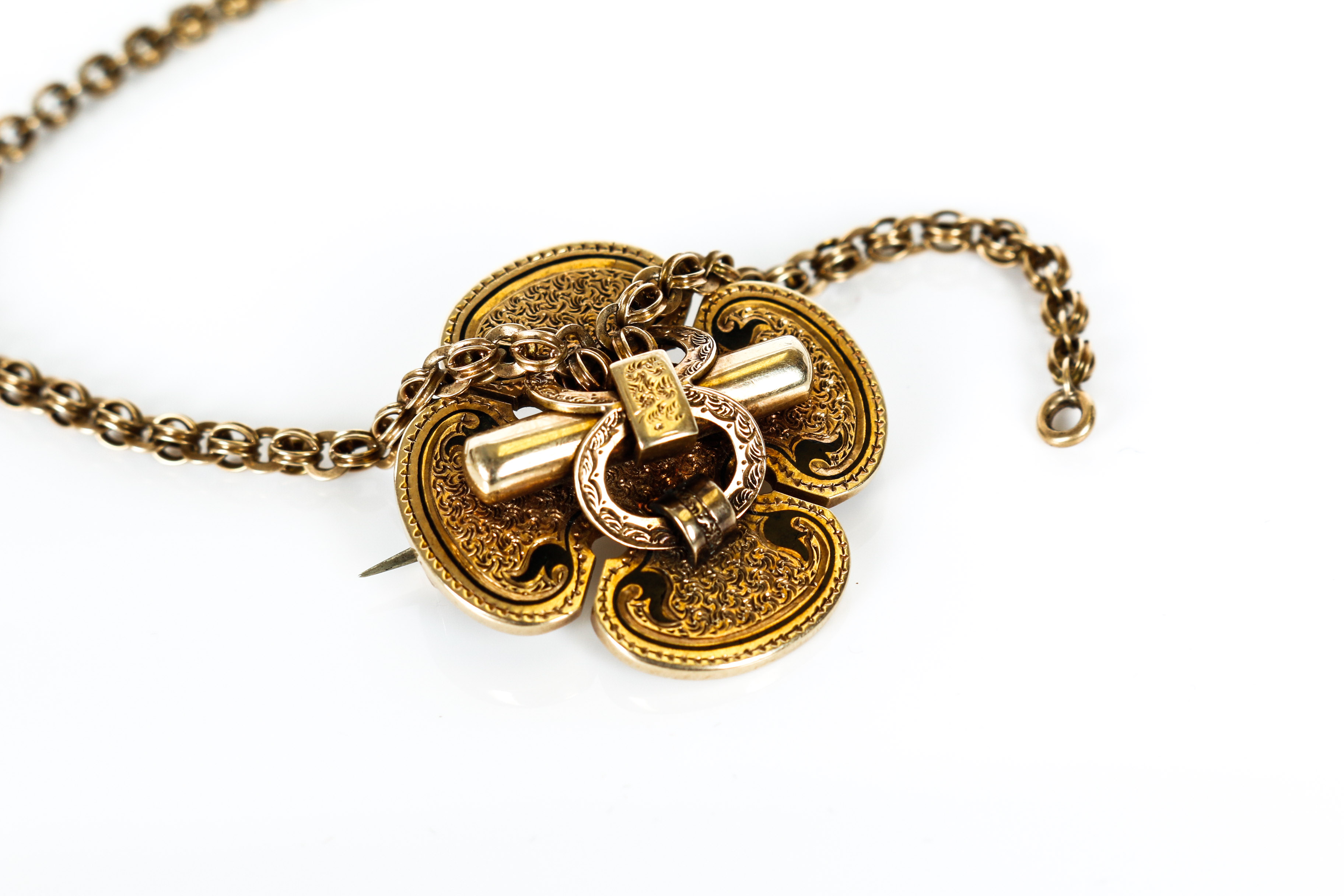 14K Gold Victorian Quatrefoil Watch Chain with Enamel Detailing