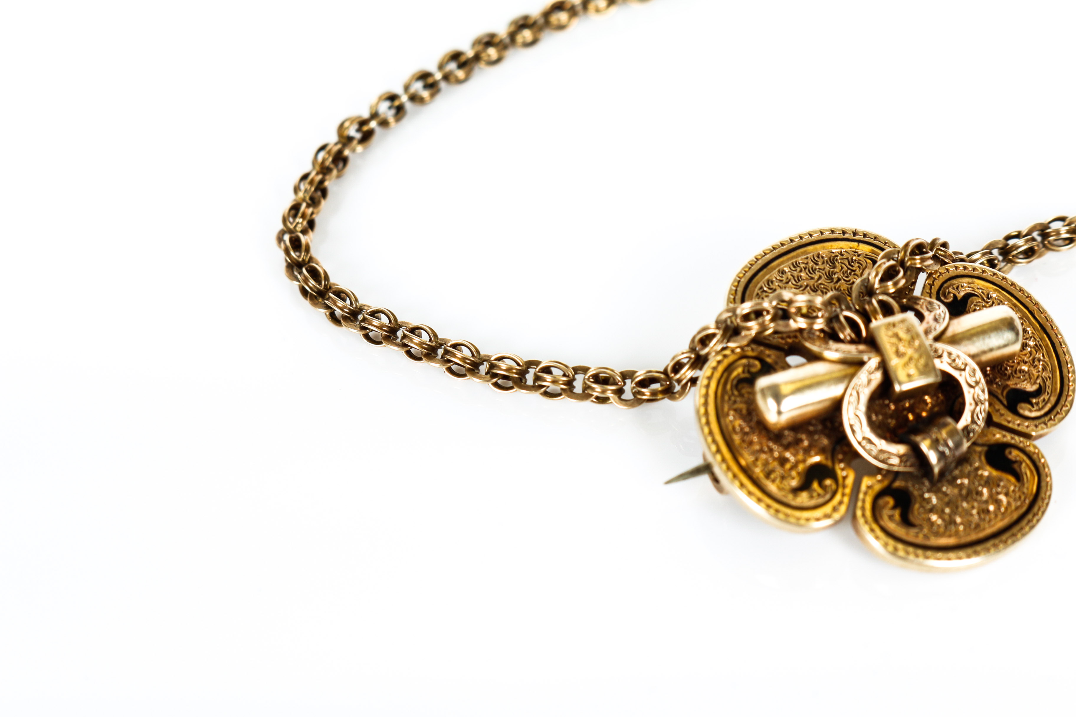 14K Gold Victorian Quatrefoil Watch Chain with Enamel Detailing