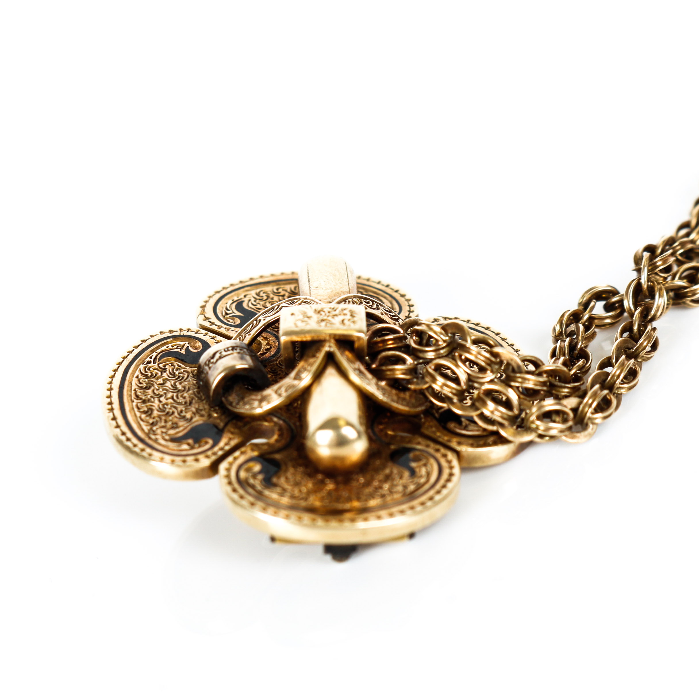 14K Gold Victorian Quatrefoil Watch Chain with Enamel Detailing