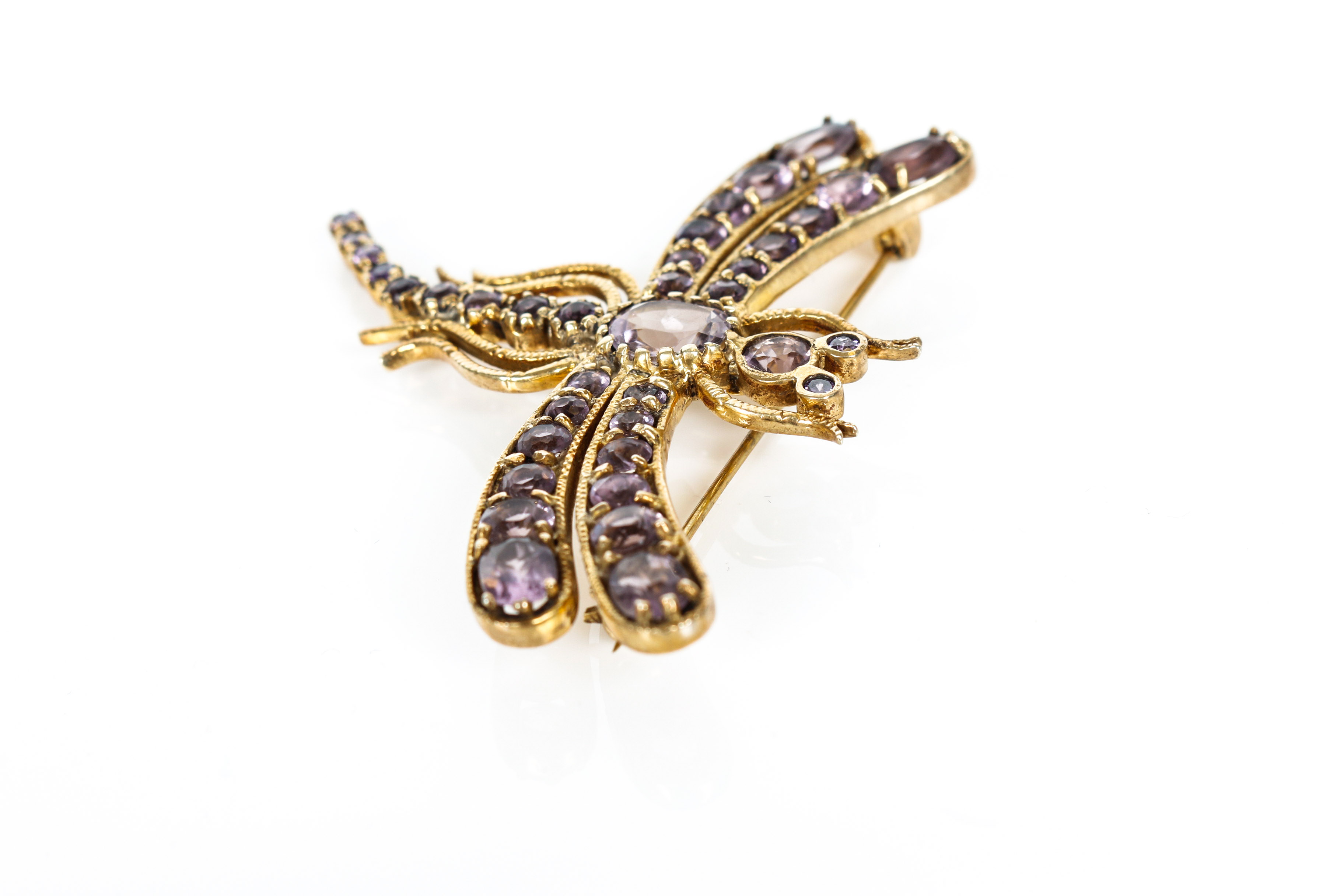 Vintage Amethyst and Sterling Silver Vermeil Dragonfly Brooch