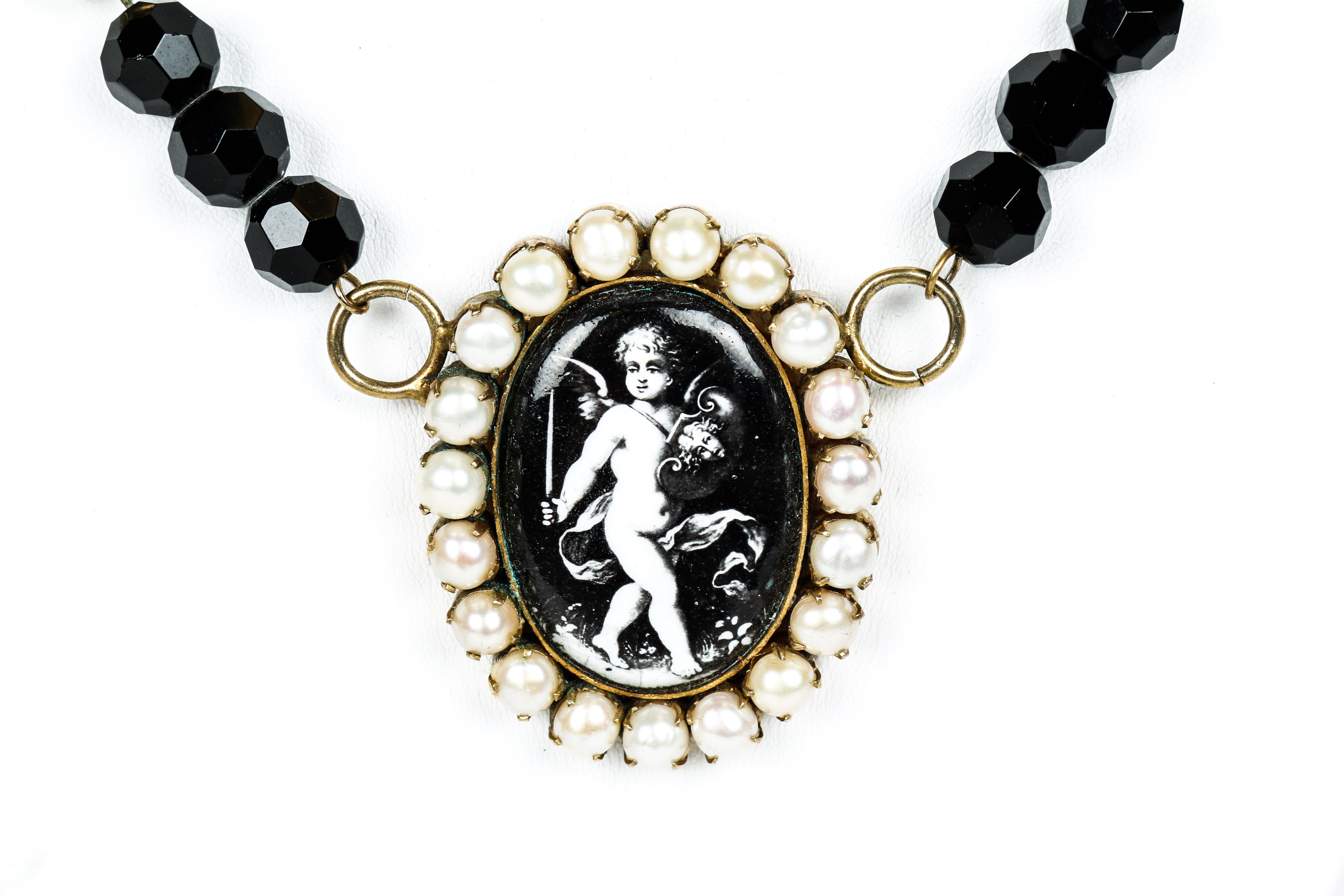 Vintage Black Onyx, Cultured Pearl, Enamel and Vermeil Necklace