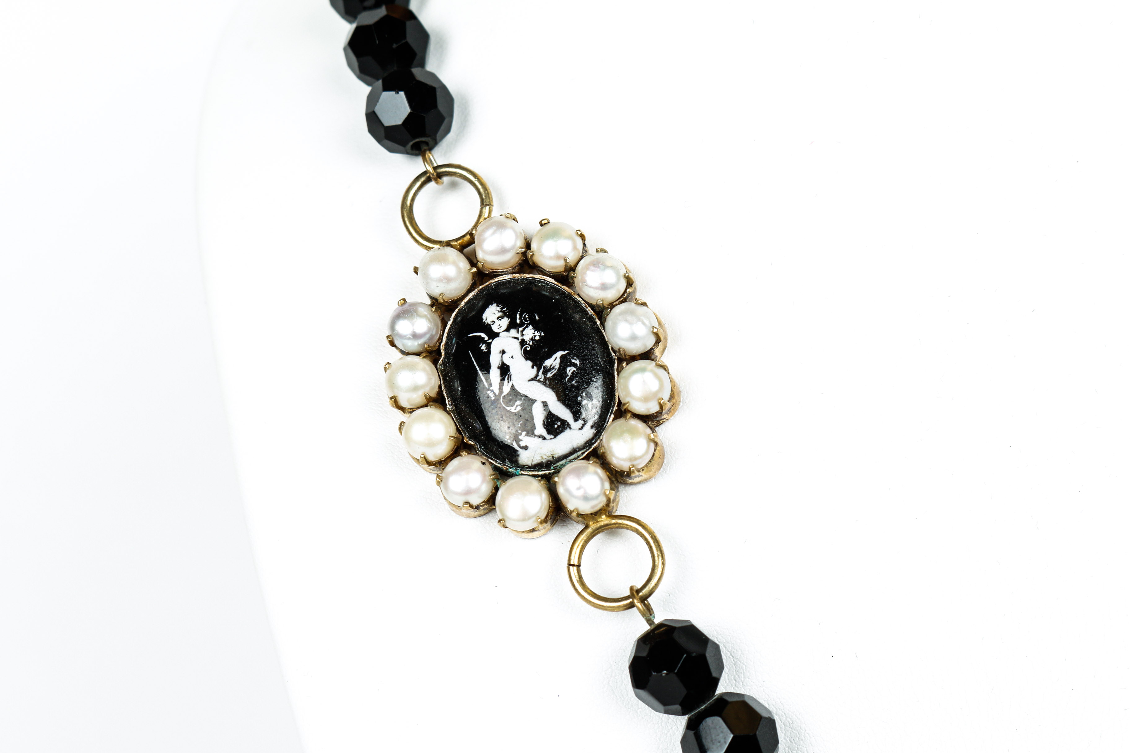 Vintage Black Onyx, Cultured Pearl, Enamel and Vermeil Necklace