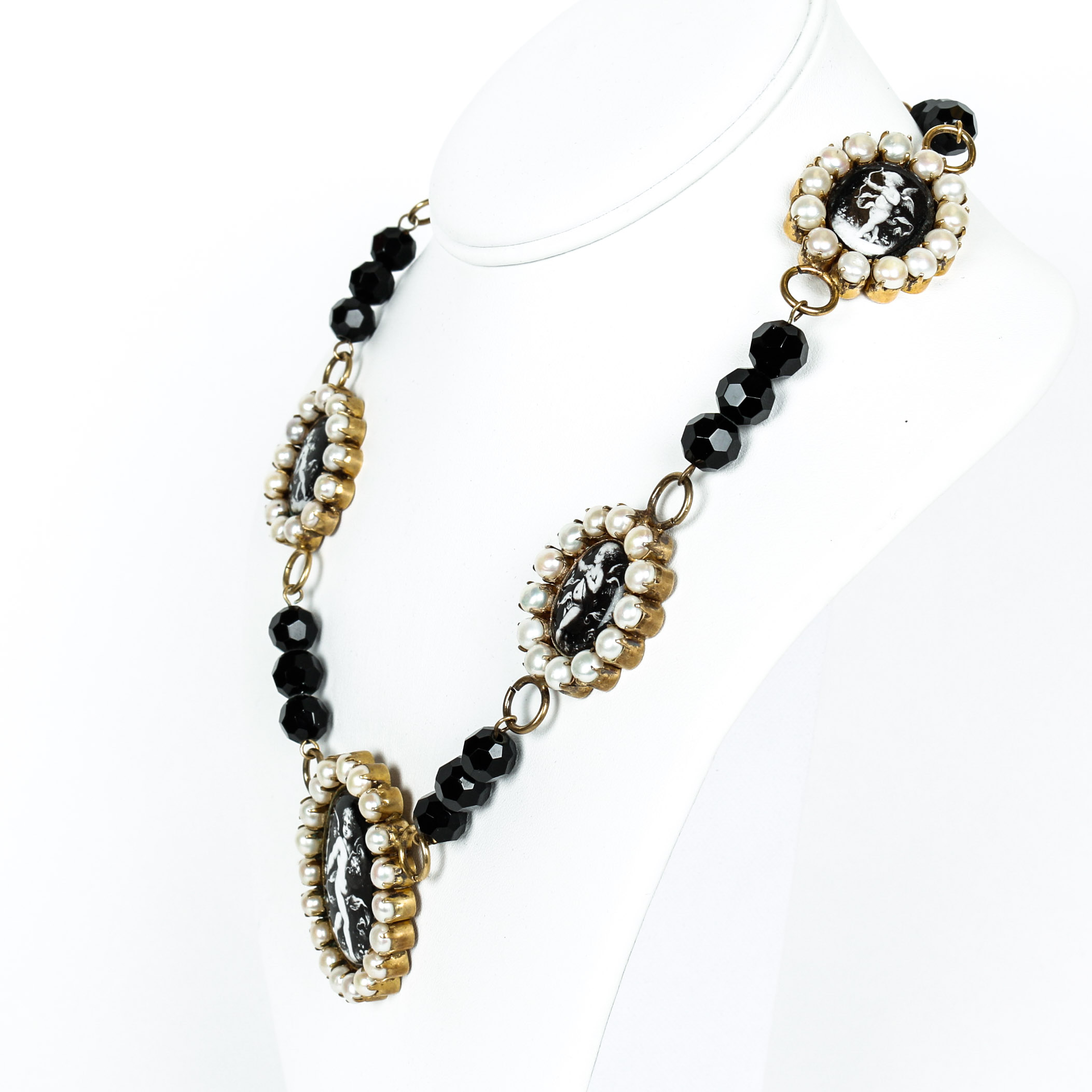 Vintage Black Onyx, Cultured Pearl, Enamel and Vermeil Necklace