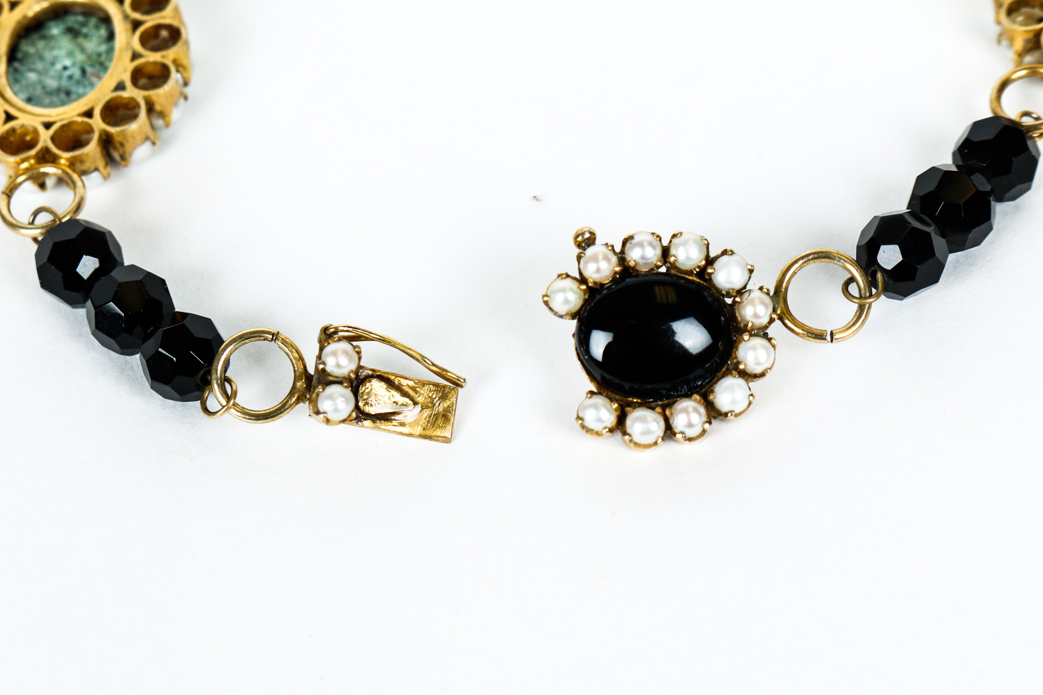 Vintage Black Onyx, Cultured Pearl, Enamel and Vermeil Necklace