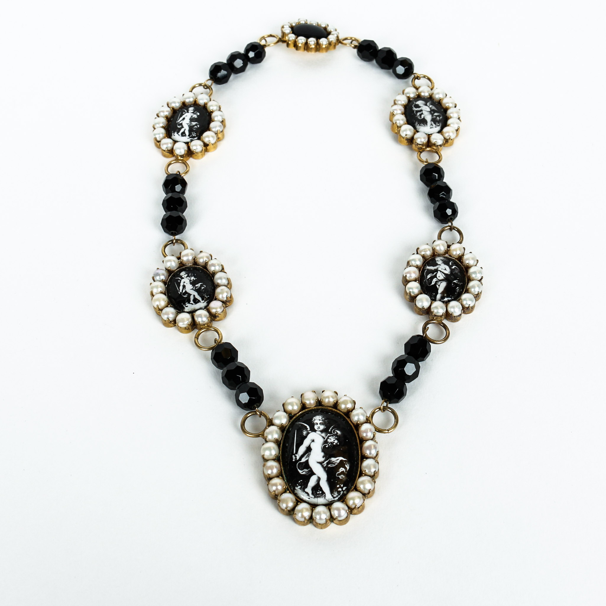 Vintage Black Onyx, Cultured Pearl, Enamel and Vermeil Necklace