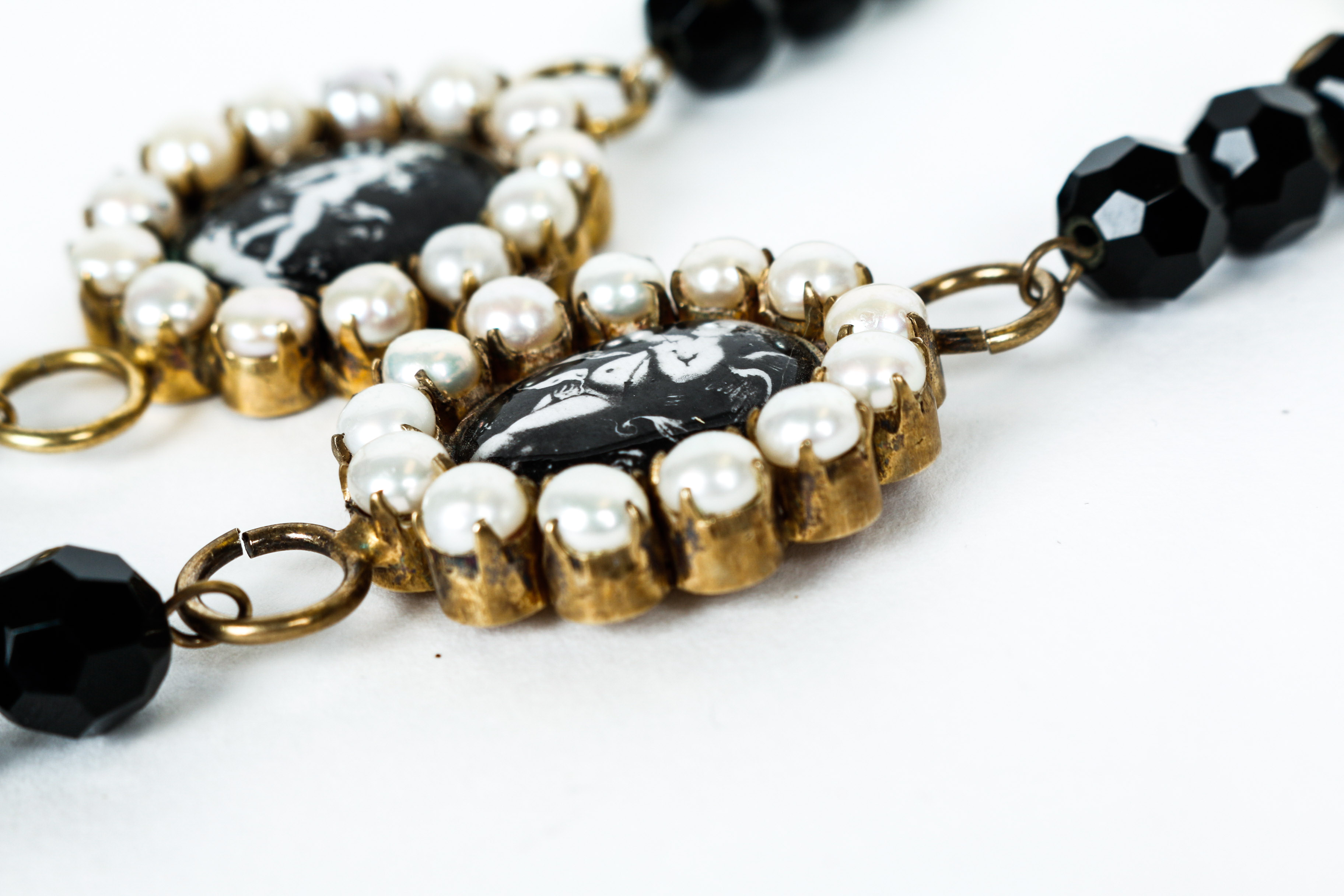 Vintage Black Onyx, Cultured Pearl, Enamel and Vermeil Necklace