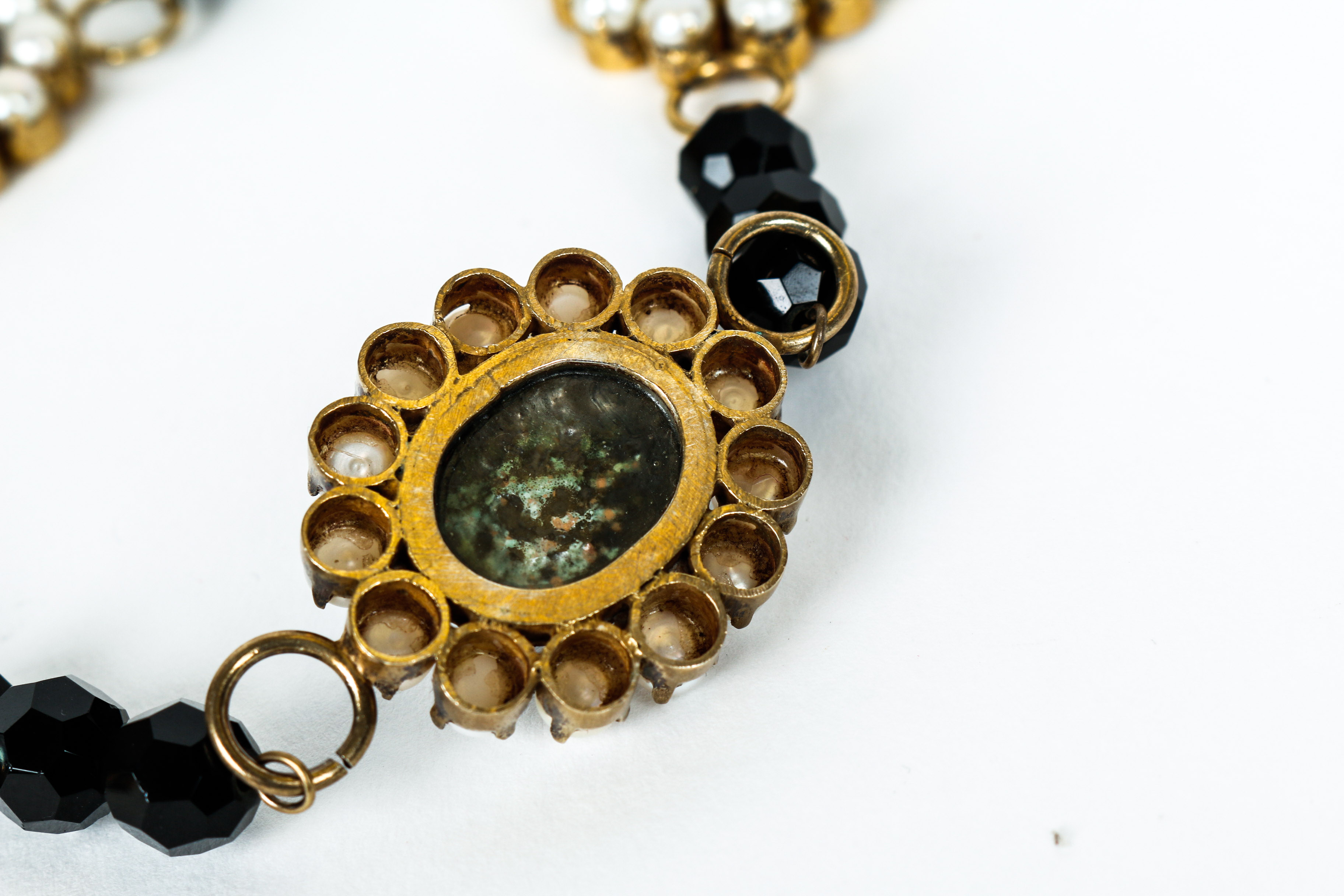 Vintage Black Onyx, Cultured Pearl, Enamel and Vermeil Necklace