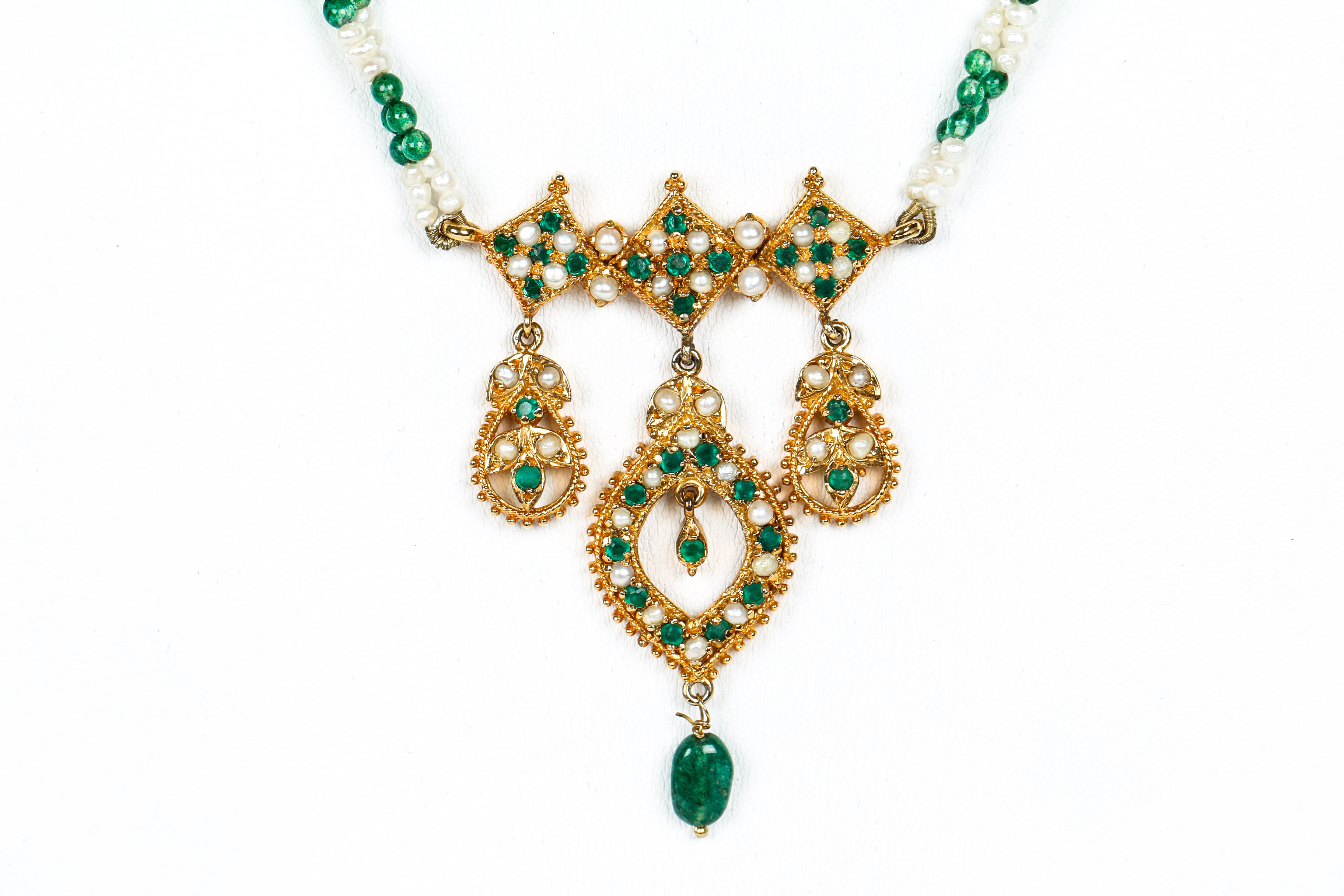 Indian Style Emerald, Seed Pearl and Glass Bead Necklace