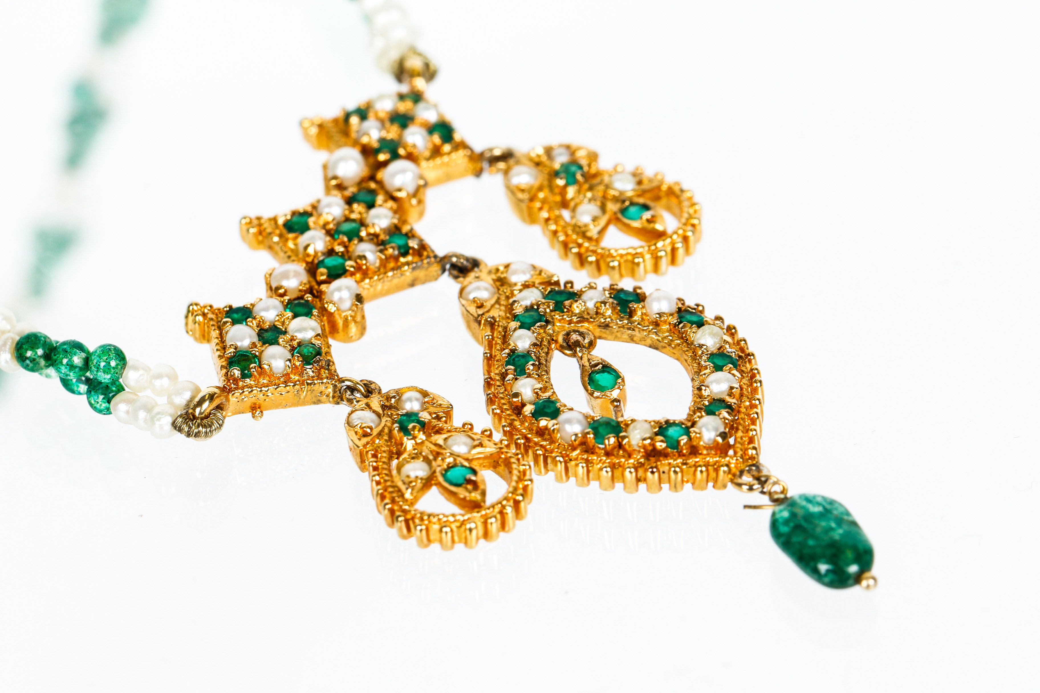 Indian Style Emerald, Seed Pearl and Glass Bead Necklace