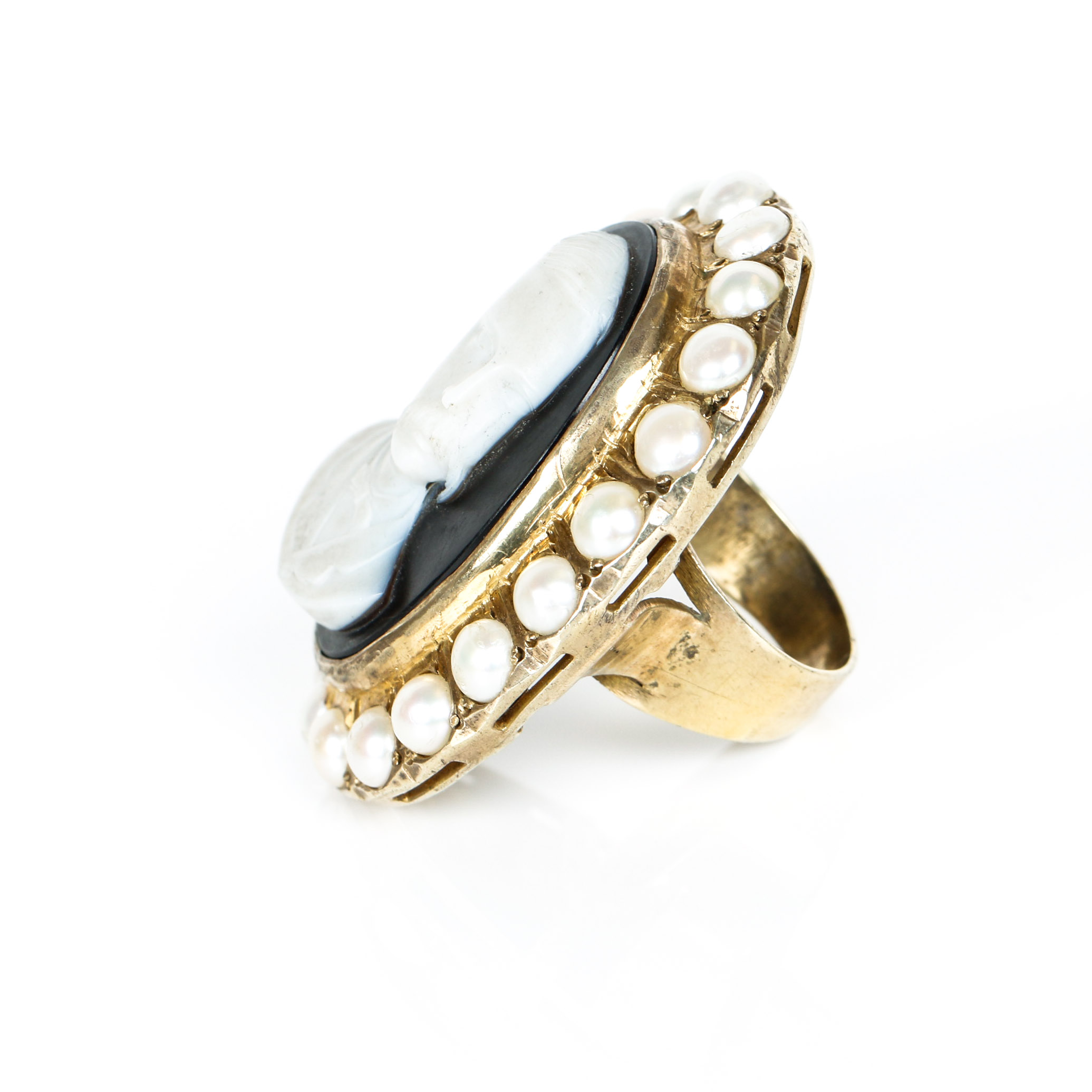 Antique Black Onyx Hard Stone Cameo in Vermeil with Pearl Border