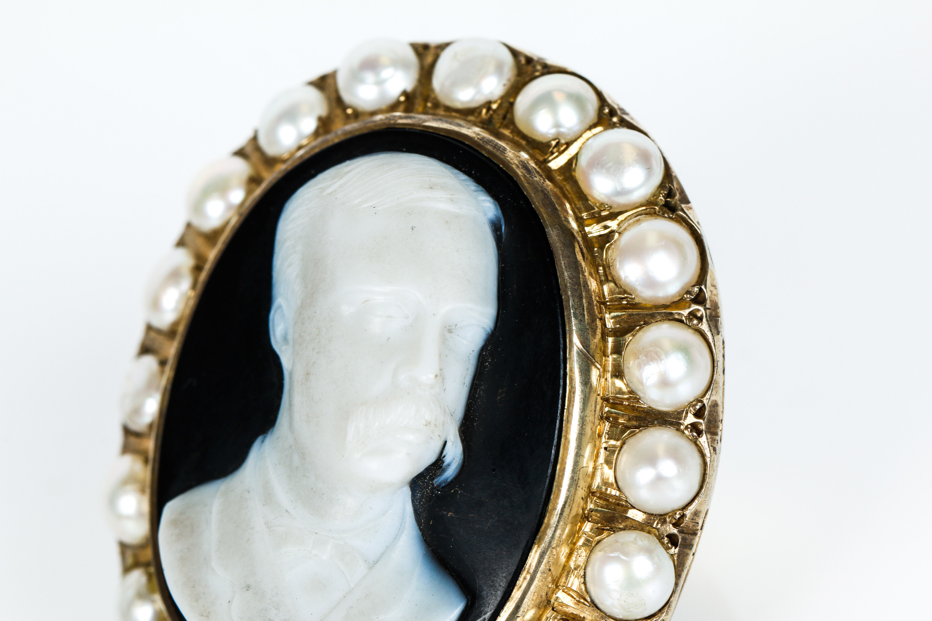 Antique Black Onyx Hard Stone Cameo in Vermeil with Pearl Border