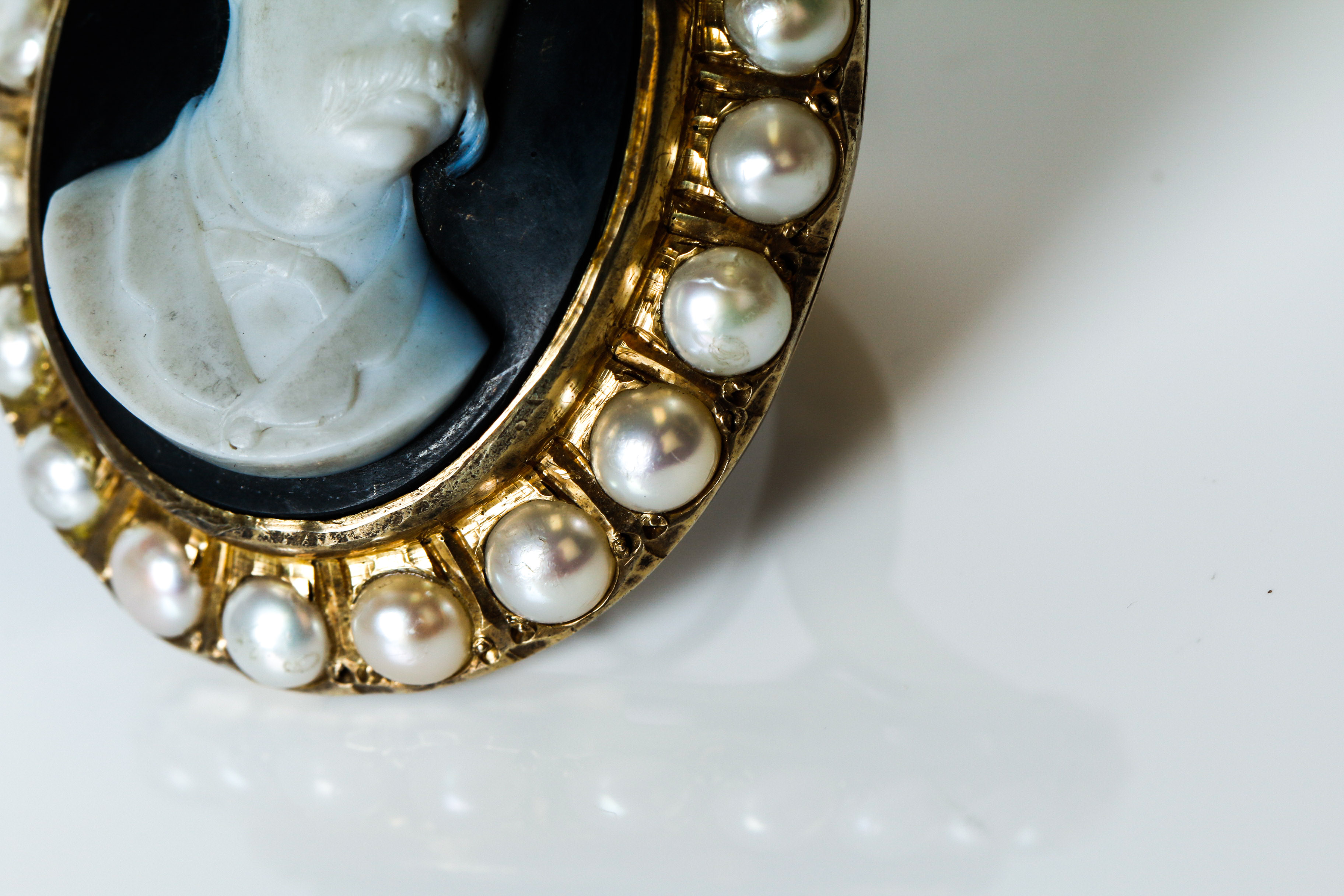 Antique Black Onyx Hard Stone Cameo in Vermeil with Pearl Border