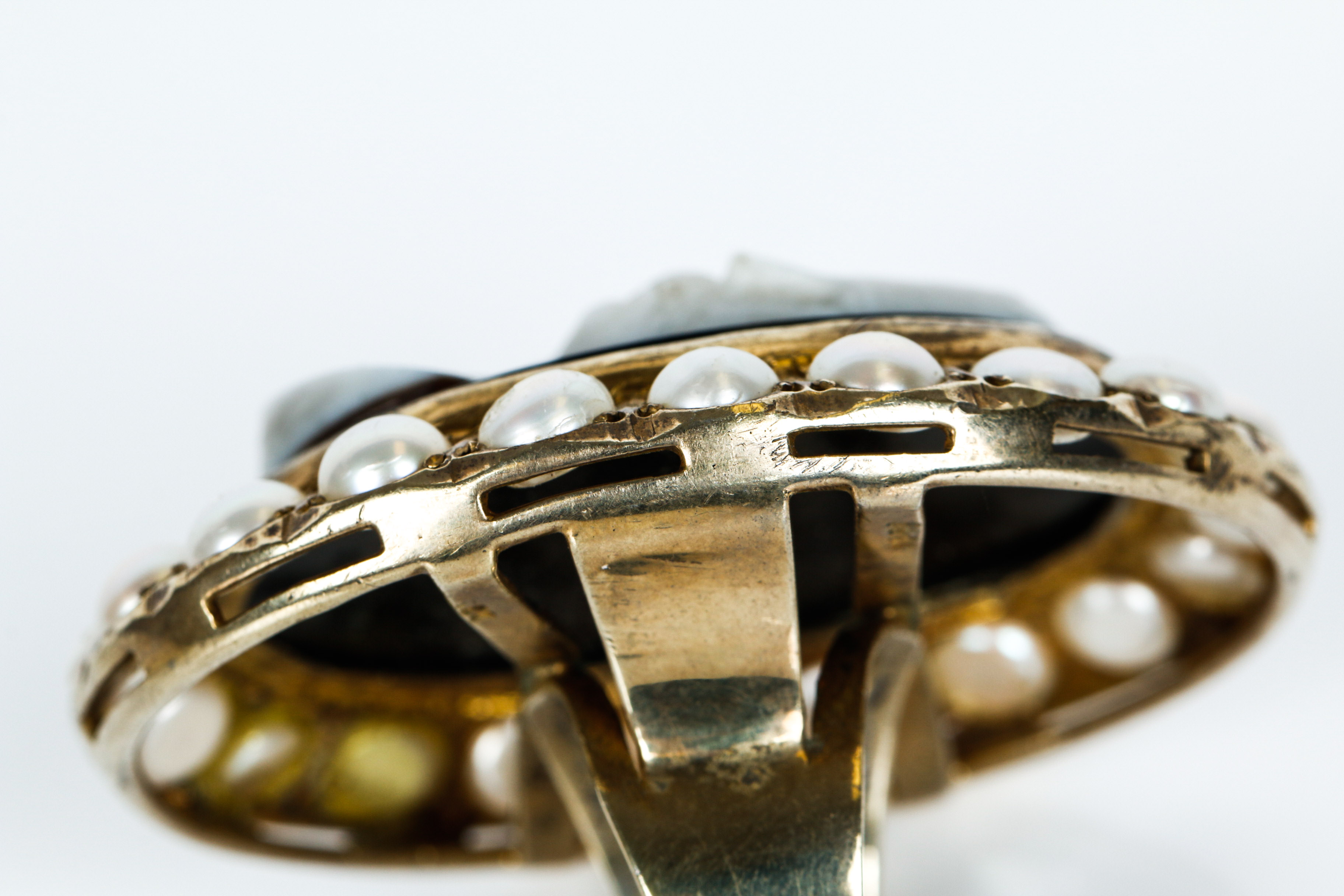 Antique Black Onyx Hard Stone Cameo in Vermeil with Pearl Border