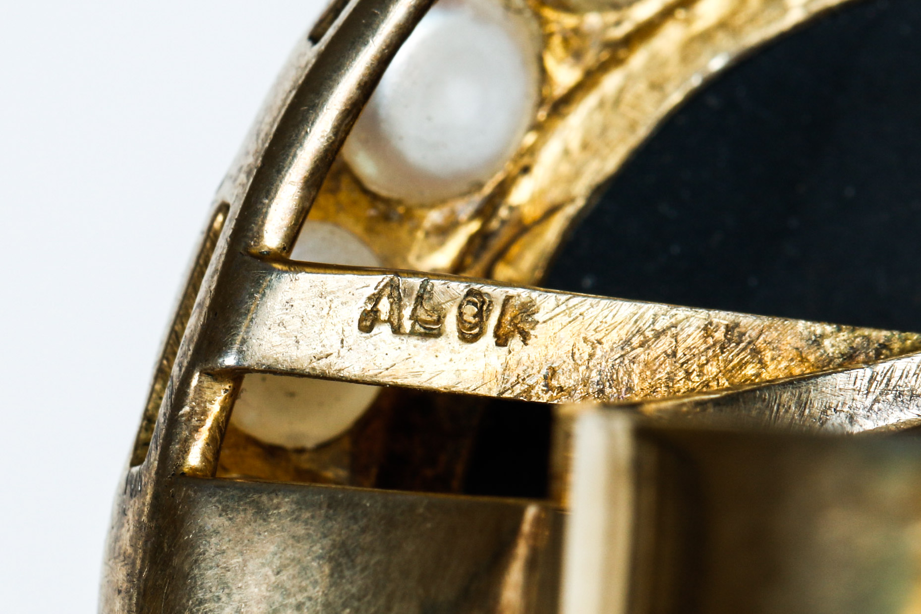 Antique Black Onyx Hard Stone Cameo in Vermeil with Pearl Border