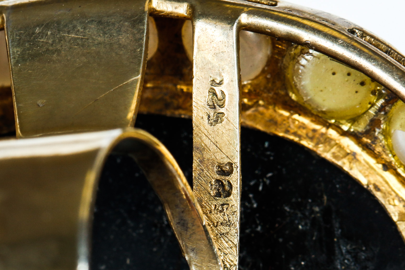 Antique Black Onyx Hard Stone Cameo in Vermeil with Pearl Border