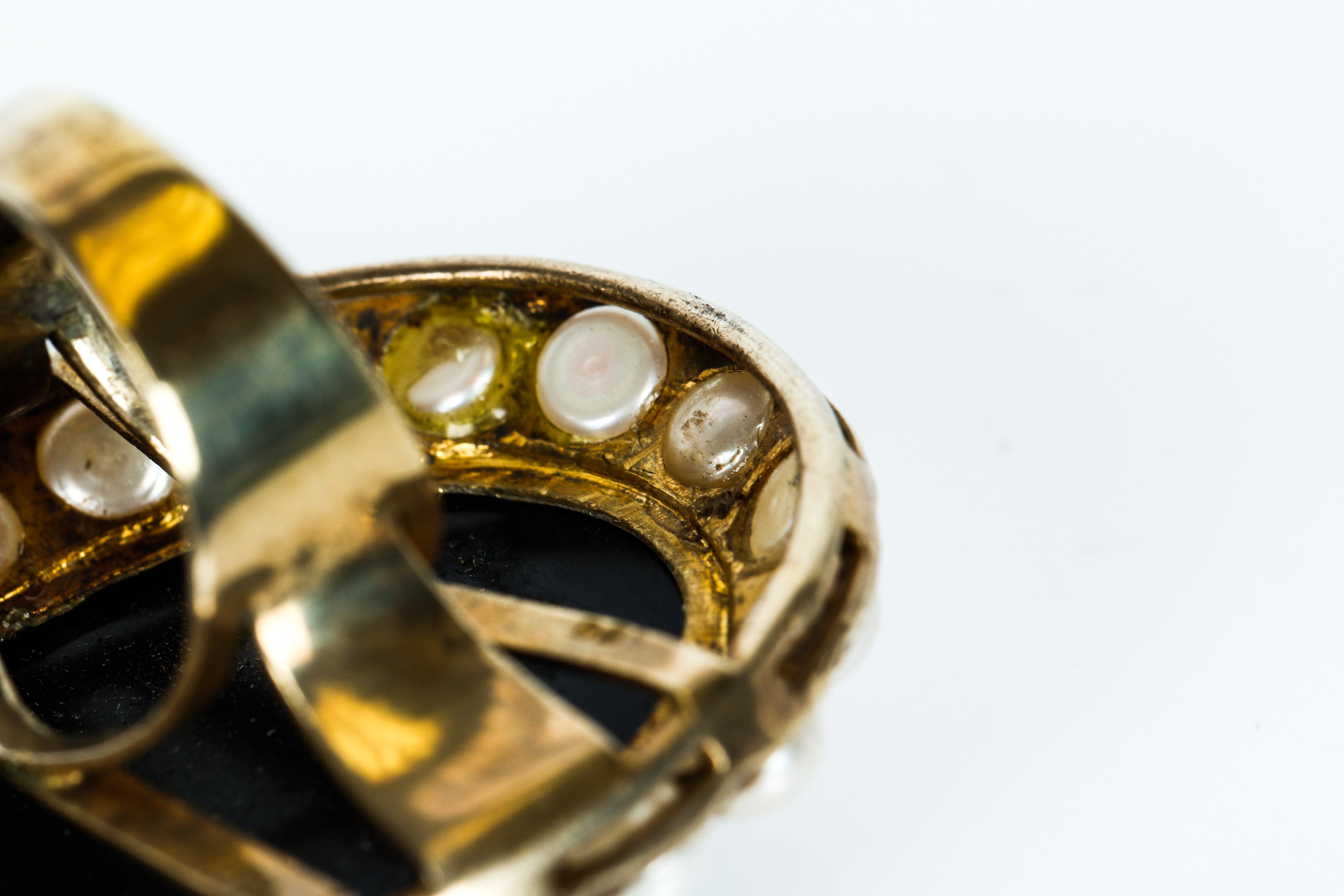 Antique Black Onyx Hard Stone Cameo in Vermeil with Pearl Border