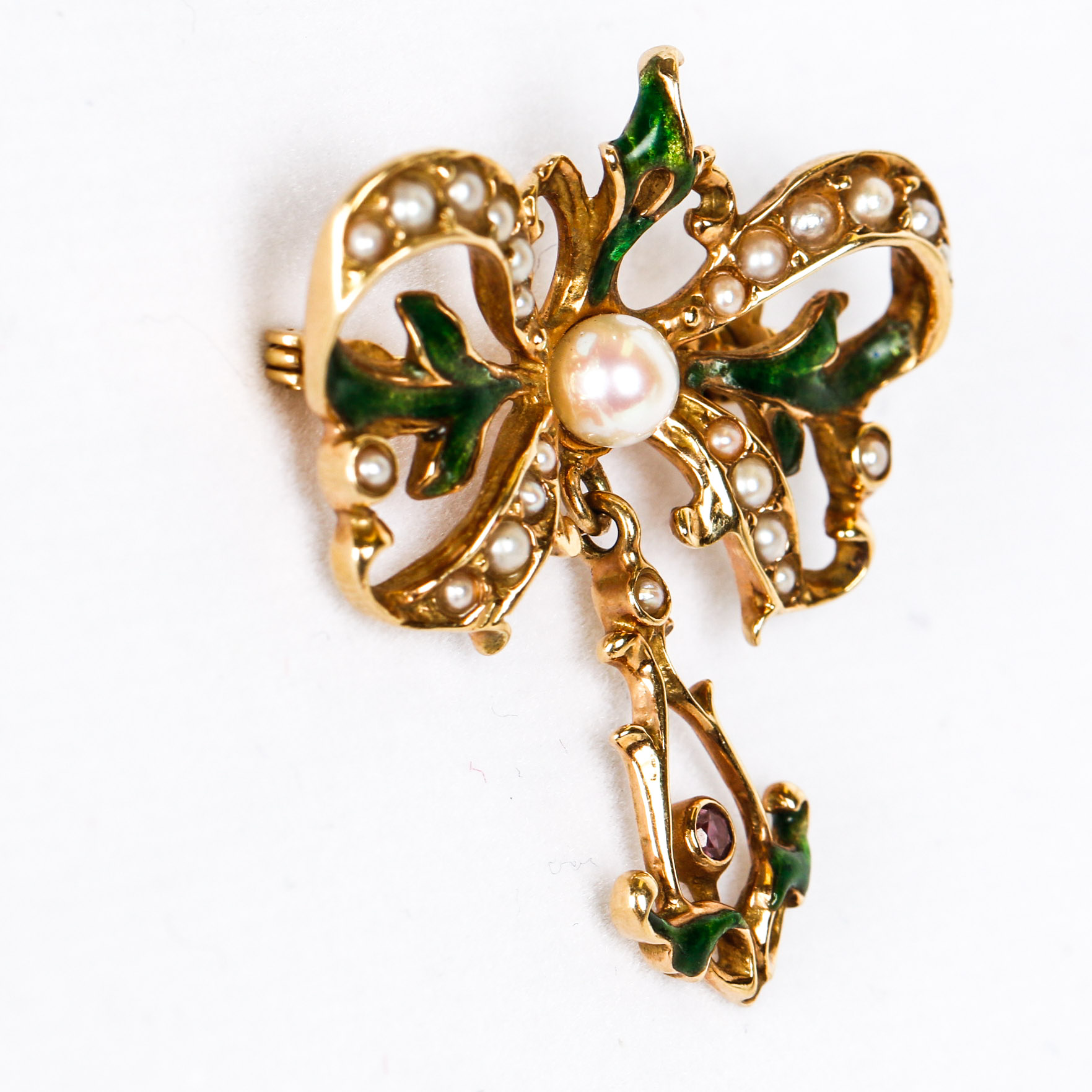 Vintage 14K Gold, Cultured Pearl, Ruby and Enamel Brooch