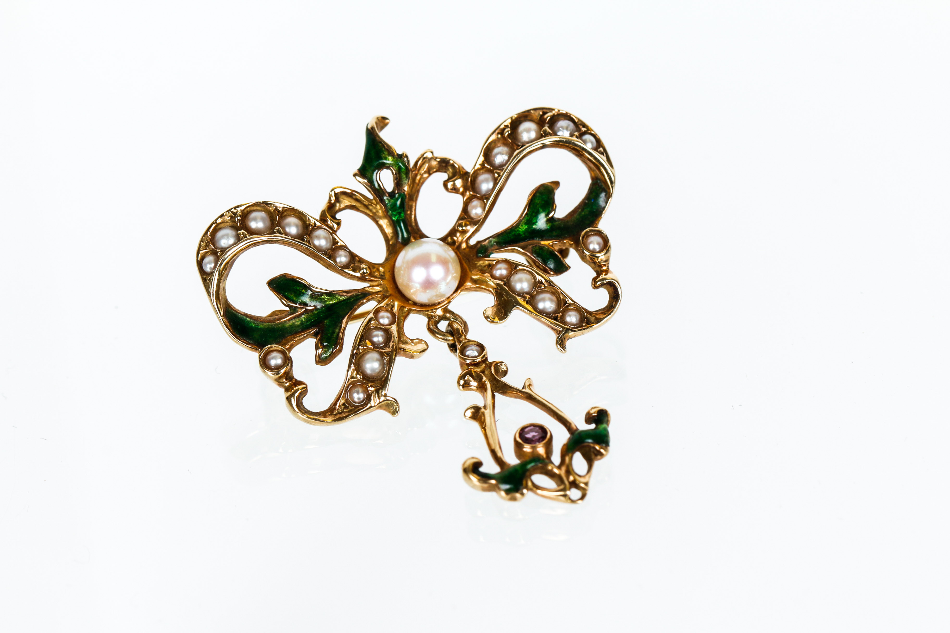 Vintage 14K Gold, Cultured Pearl, Ruby and Enamel Brooch