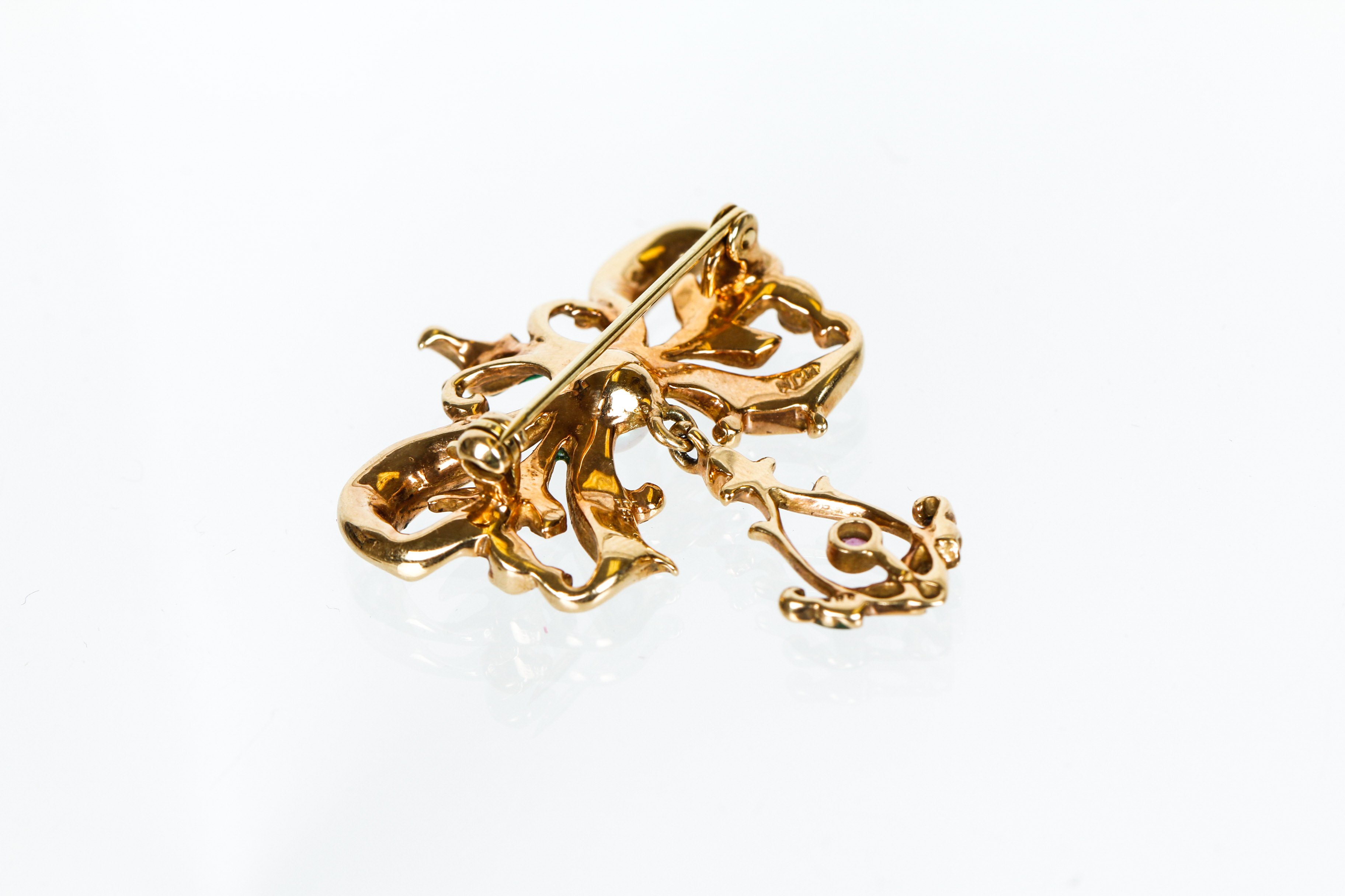 Vintage 14K Gold, Cultured Pearl, Ruby and Enamel Brooch