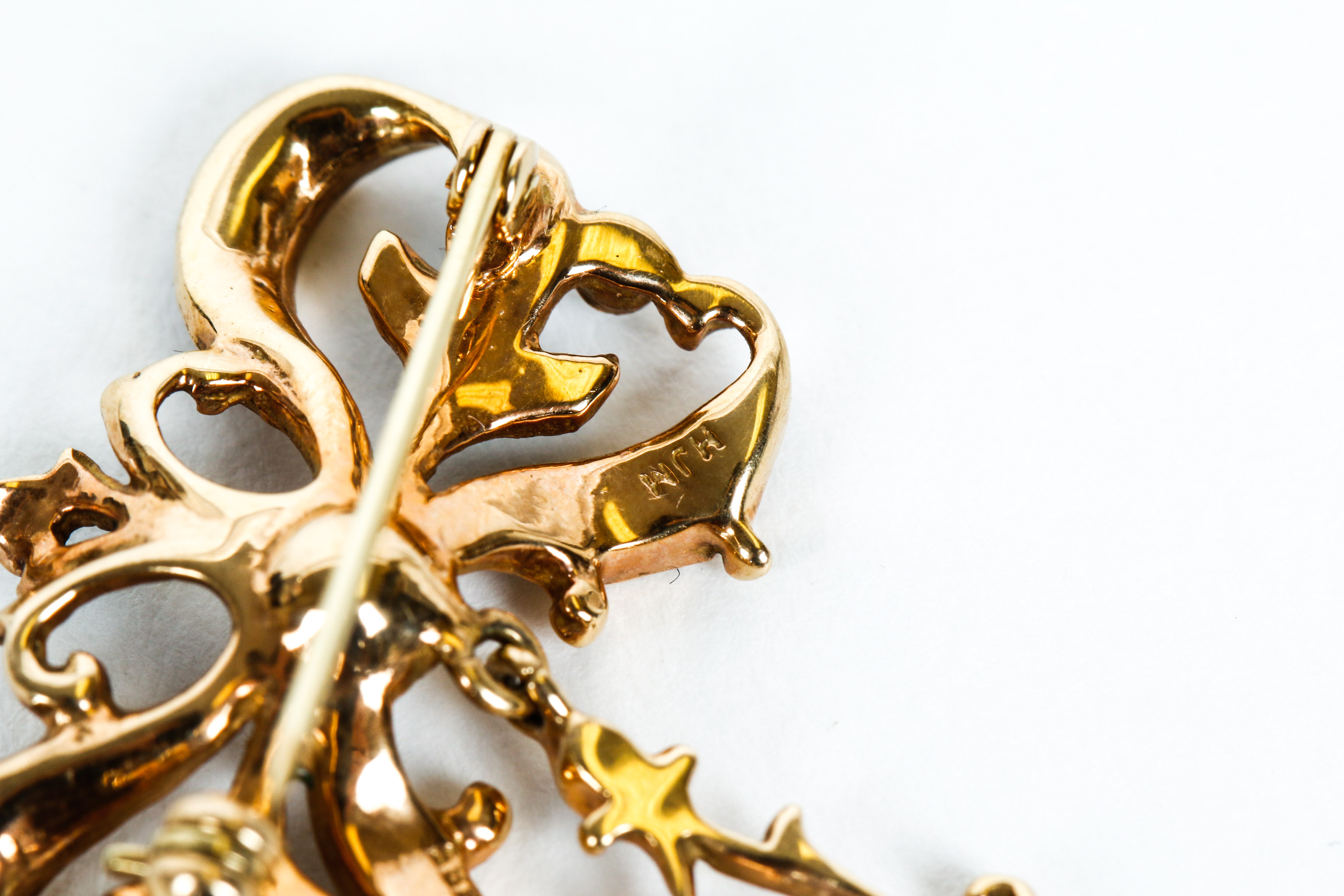 Vintage 14K Gold, Cultured Pearl, Ruby and Enamel Brooch