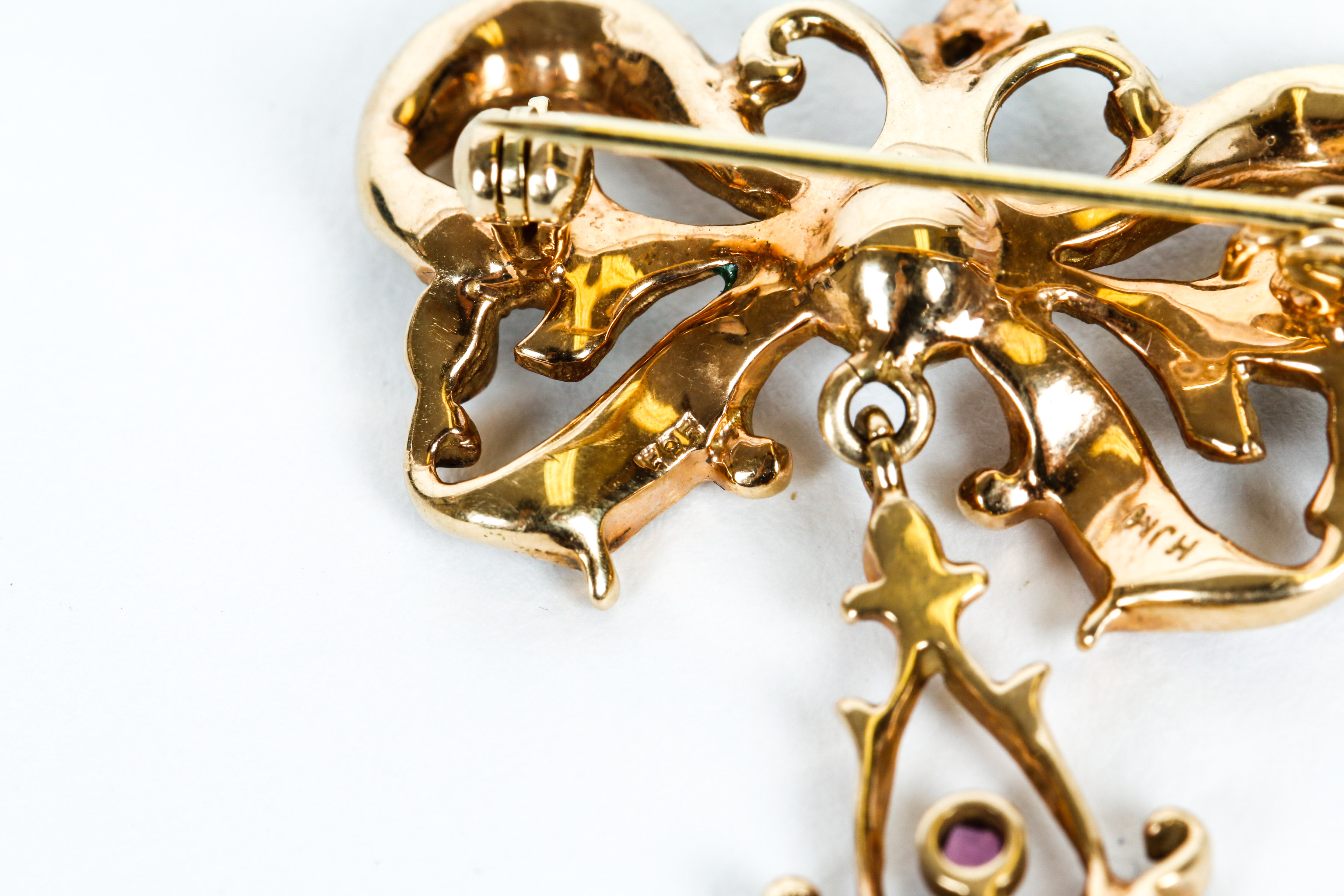 Vintage 14K Gold, Cultured Pearl, Ruby and Enamel Brooch