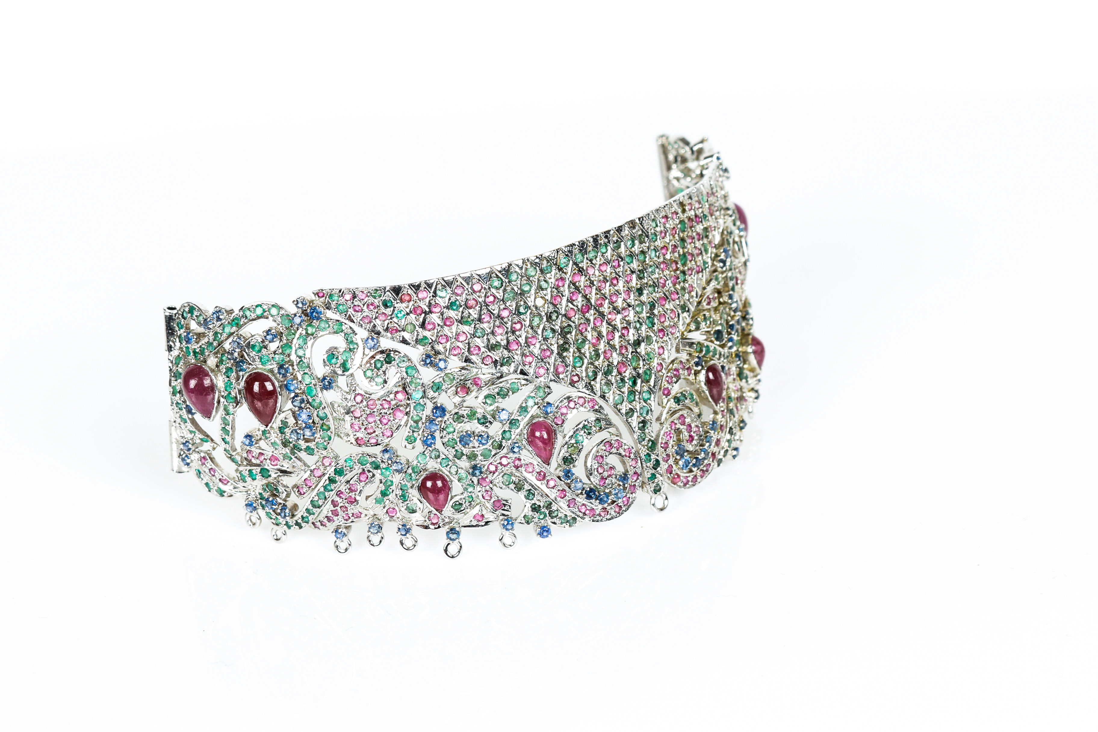 Vintage Sterling Ruby, Sapphire, and Emerald Choker Fragment