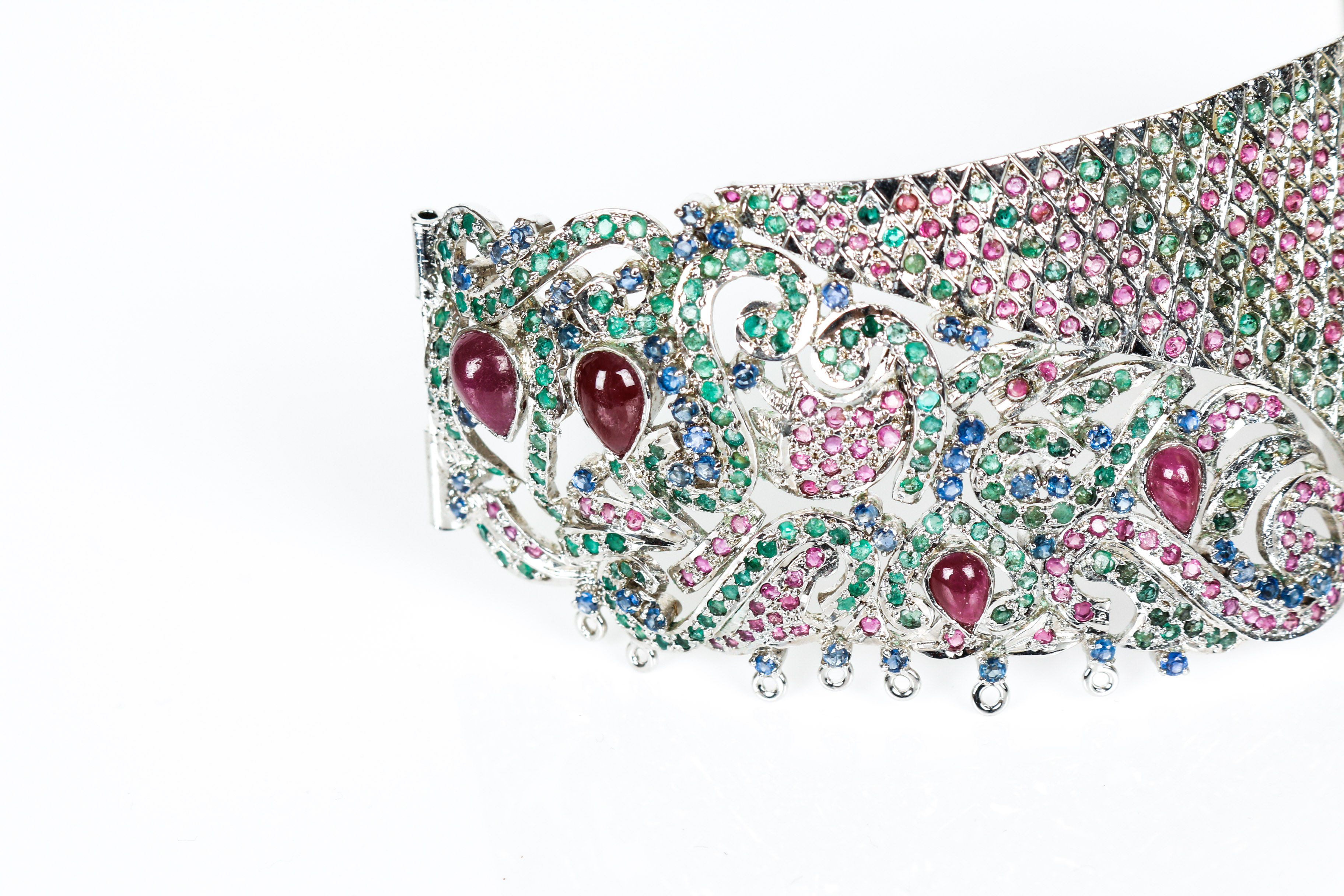 Vintage Sterling Ruby, Sapphire, and Emerald Choker Fragment