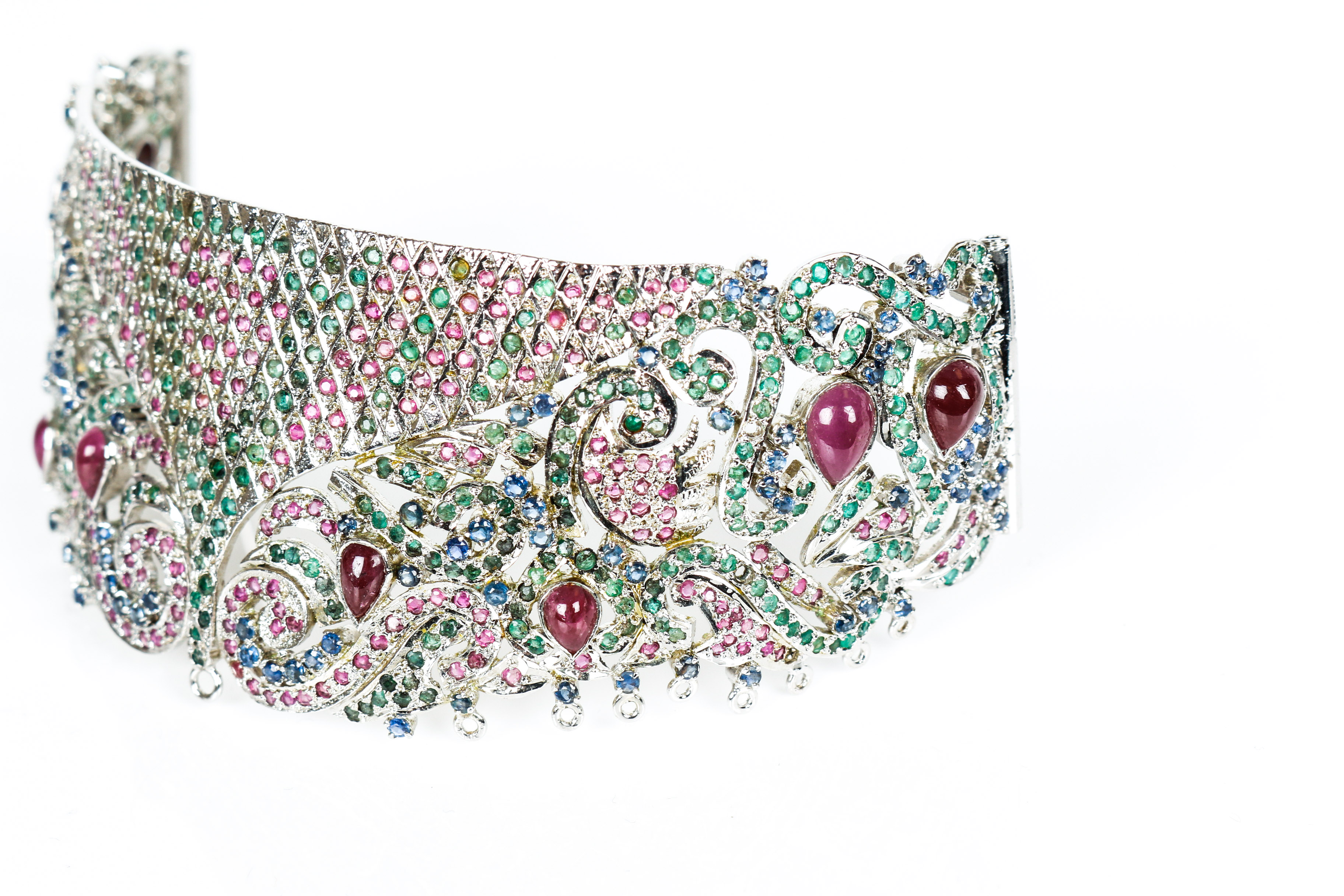 Vintage Sterling Ruby, Sapphire, and Emerald Choker Fragment