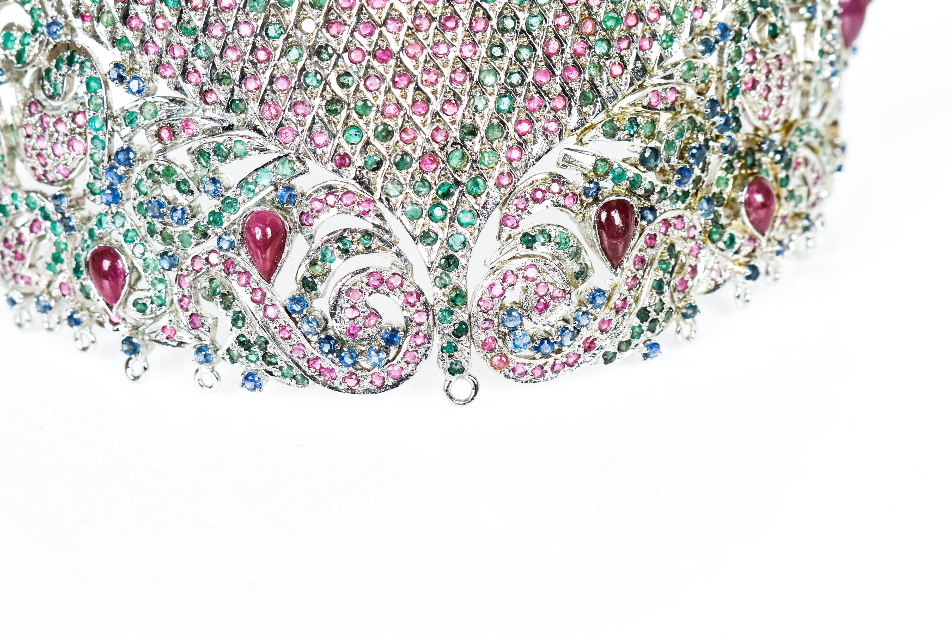 Vintage Sterling Ruby, Sapphire, and Emerald Choker Fragment