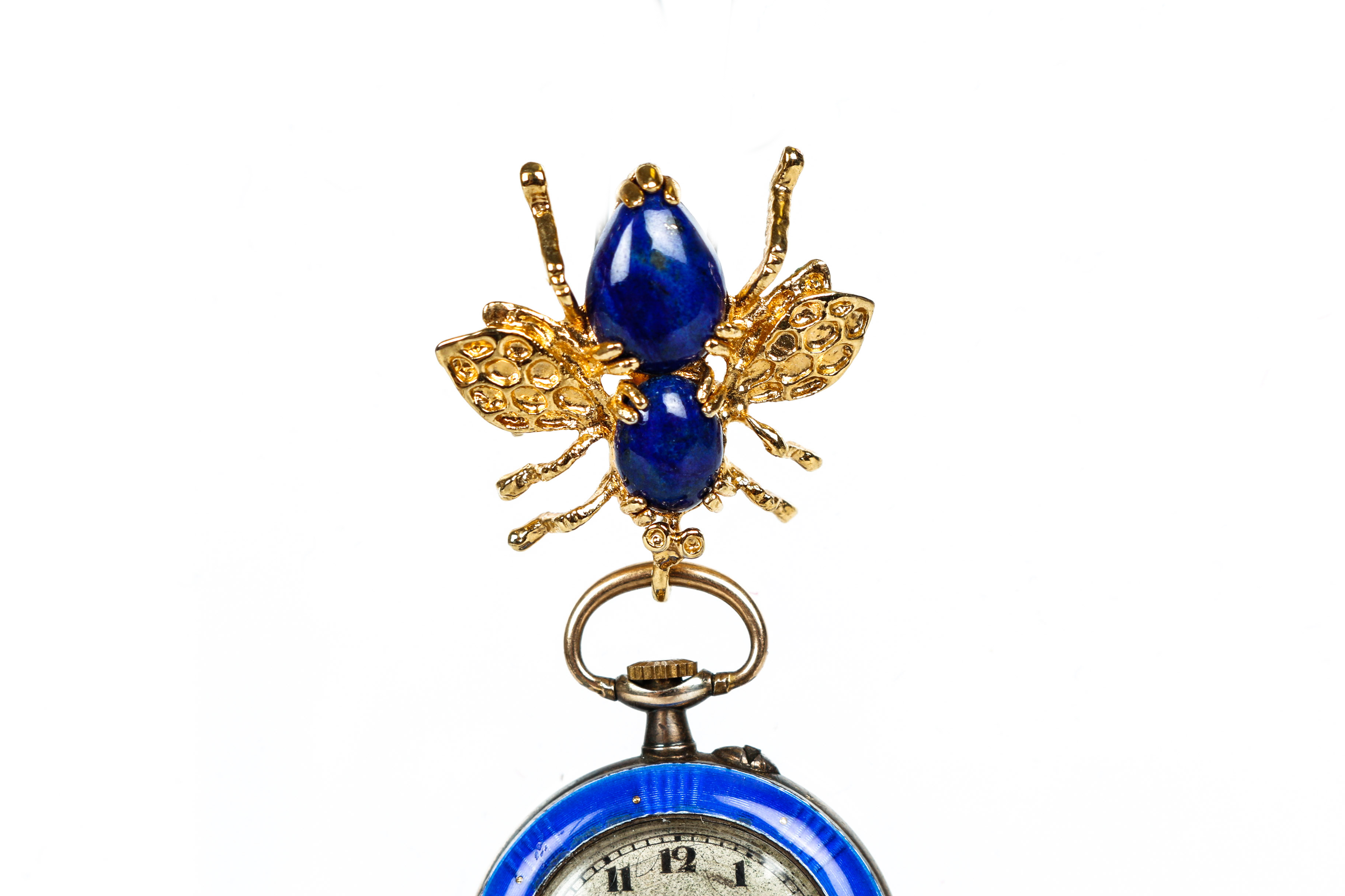 18K and Sterling Blue Enamel Women's Watch with Lapis Bee Pendant