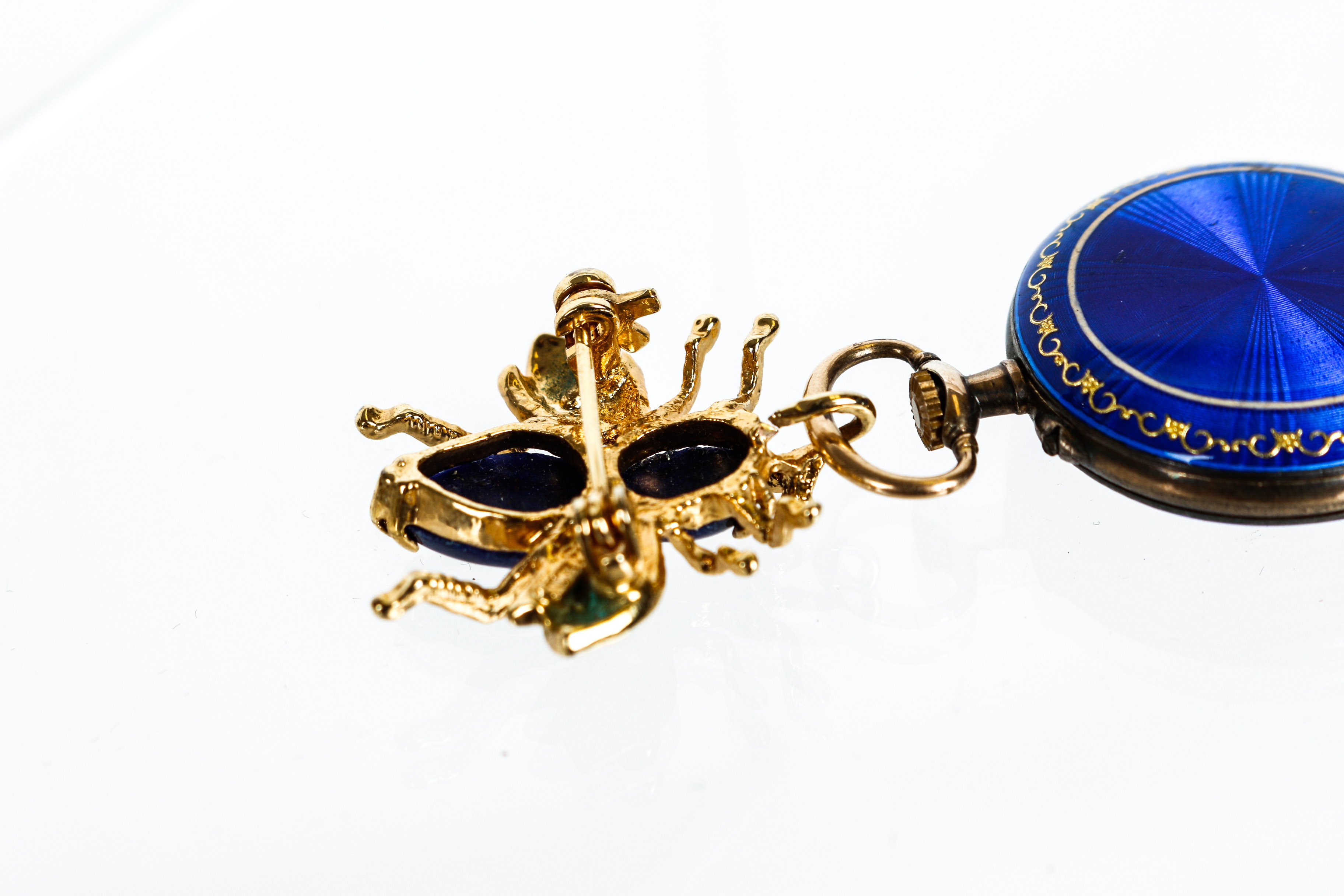 18K and Sterling Blue Enamel Women's Watch with Lapis Bee Pendant