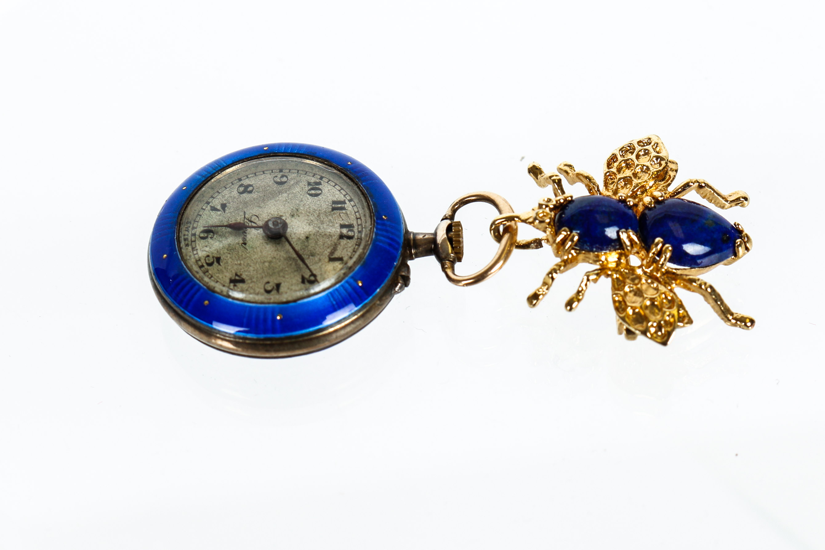 18K and Sterling Blue Enamel Women's Watch with Lapis Bee Pendant