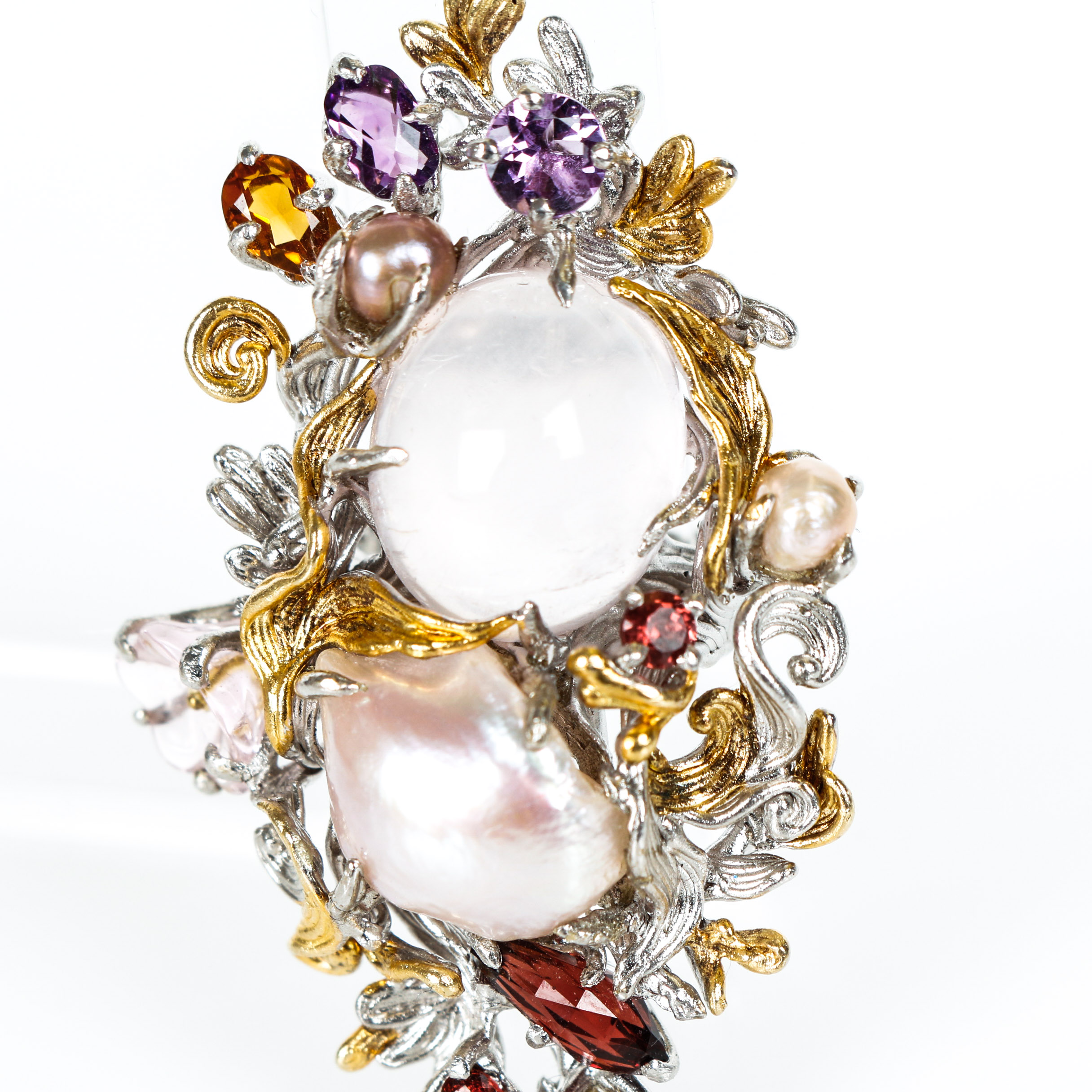 Joseph Holland Custom Multi-Stone, Freshwater Cultured Pearl, Sterling Silver and Vermeil Ring