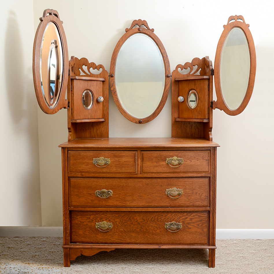 Victorian Style Mirrored Dressing Stand Over Four Drawer Dresser in Oak