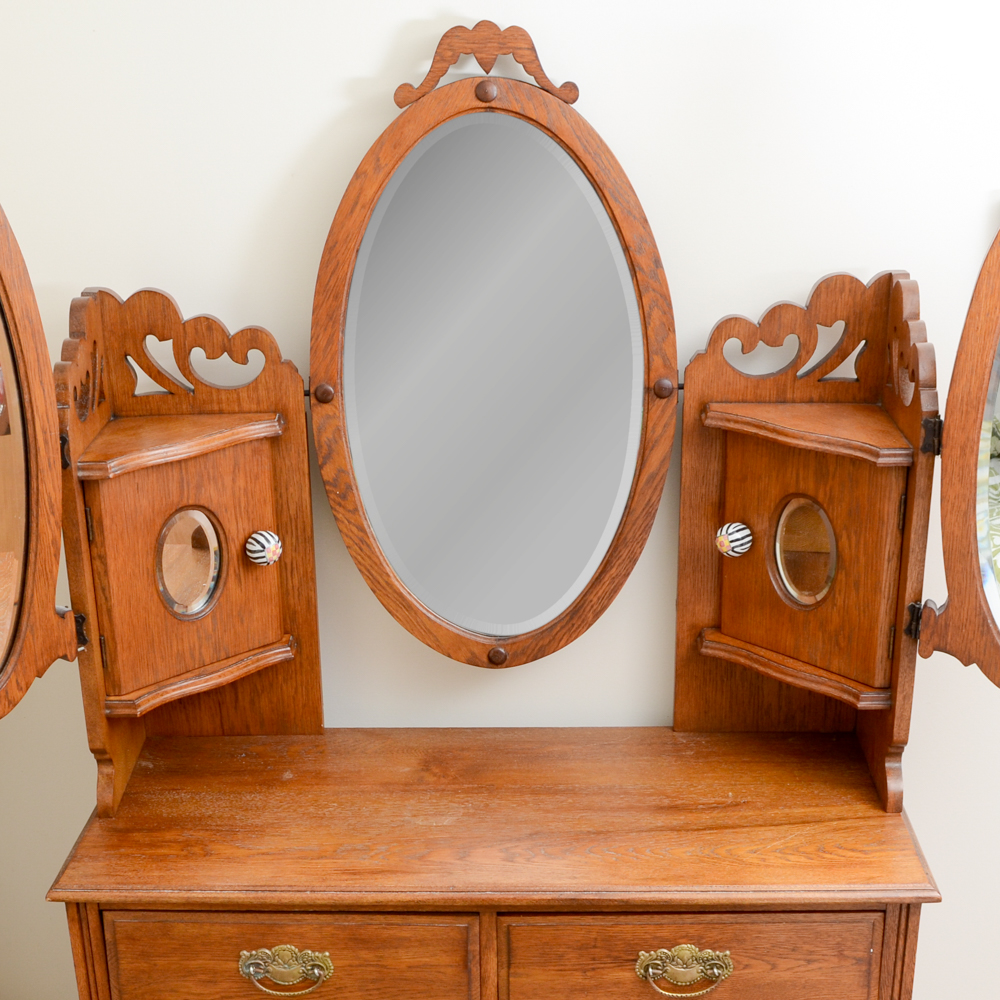 Victorian Style Mirrored Dressing Stand Over Four Drawer Dresser in Oak