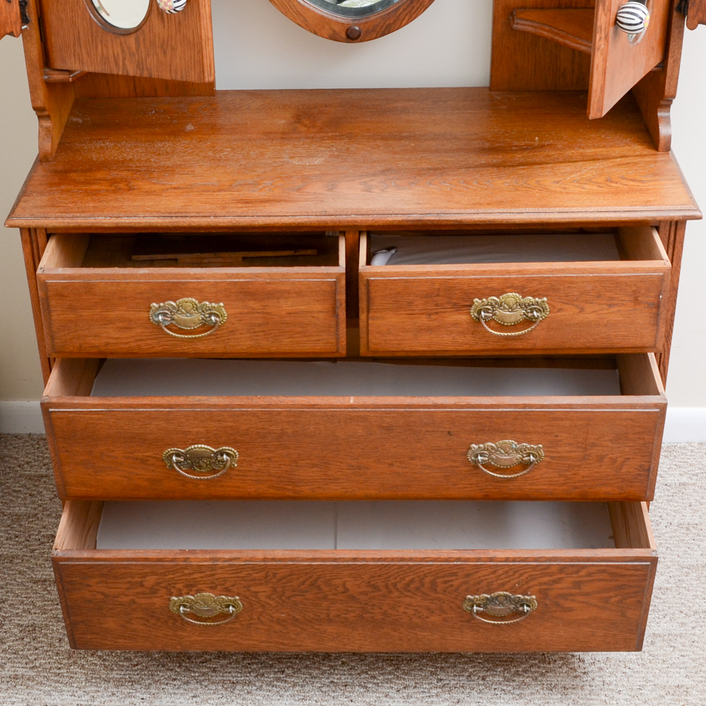 Victorian Style Mirrored Dressing Stand Over Four Drawer Dresser in Oak