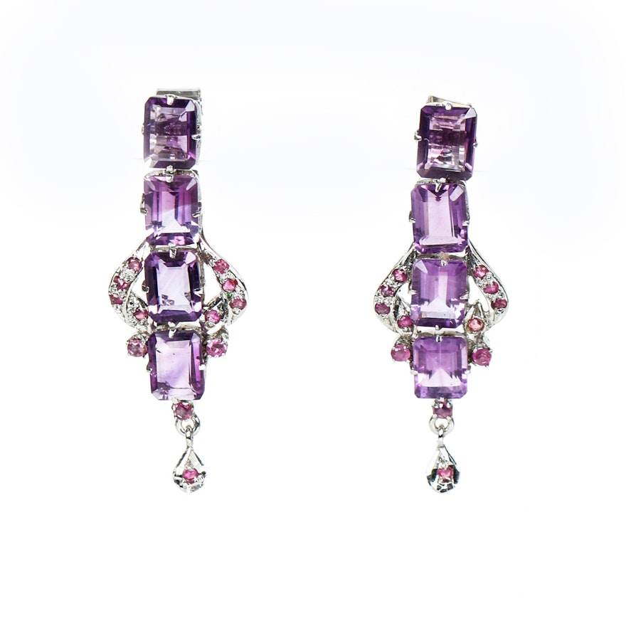 Vintage Amethyst, Ruby,  and Silver Drop  Earrings