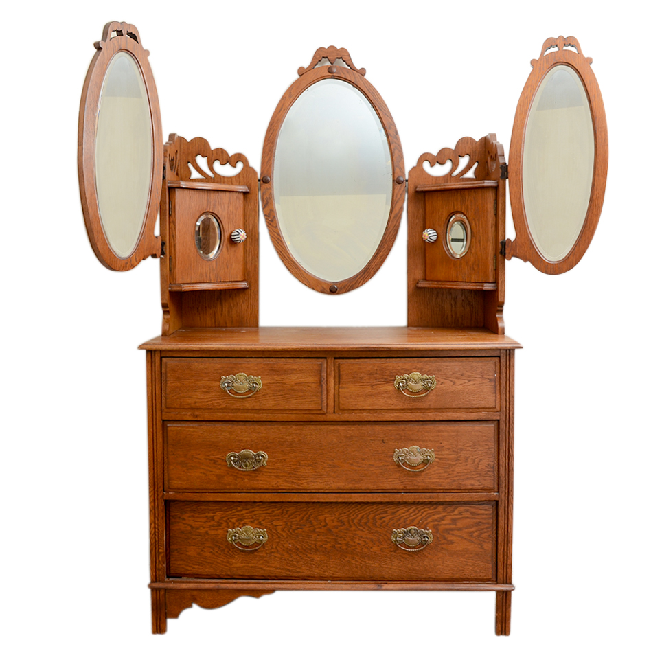 Victorian Style Mirrored Dressing Stand Over Four Drawer Dresser in Oak