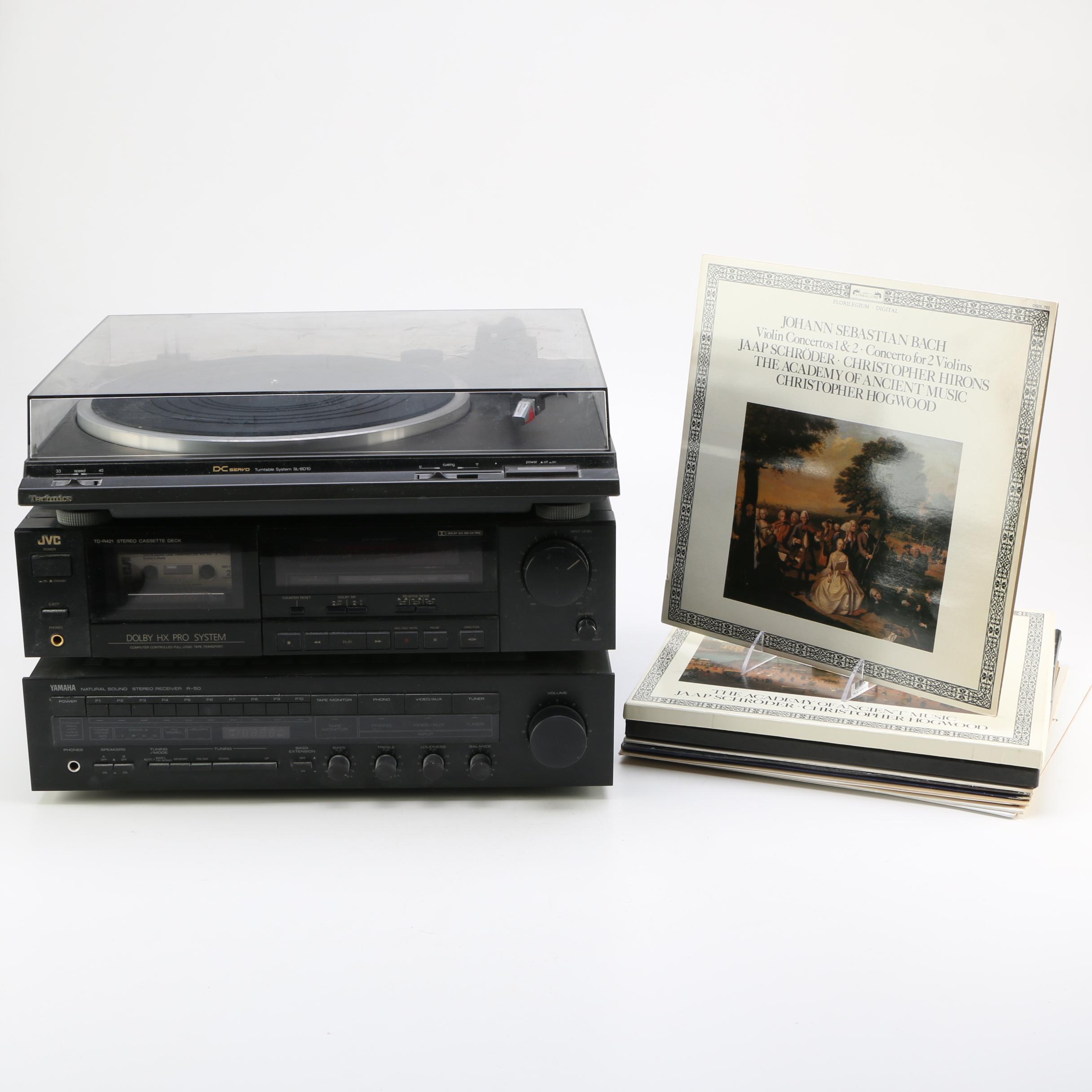 Turntable, Receiver, Cassette Player and Classical Theme LPs