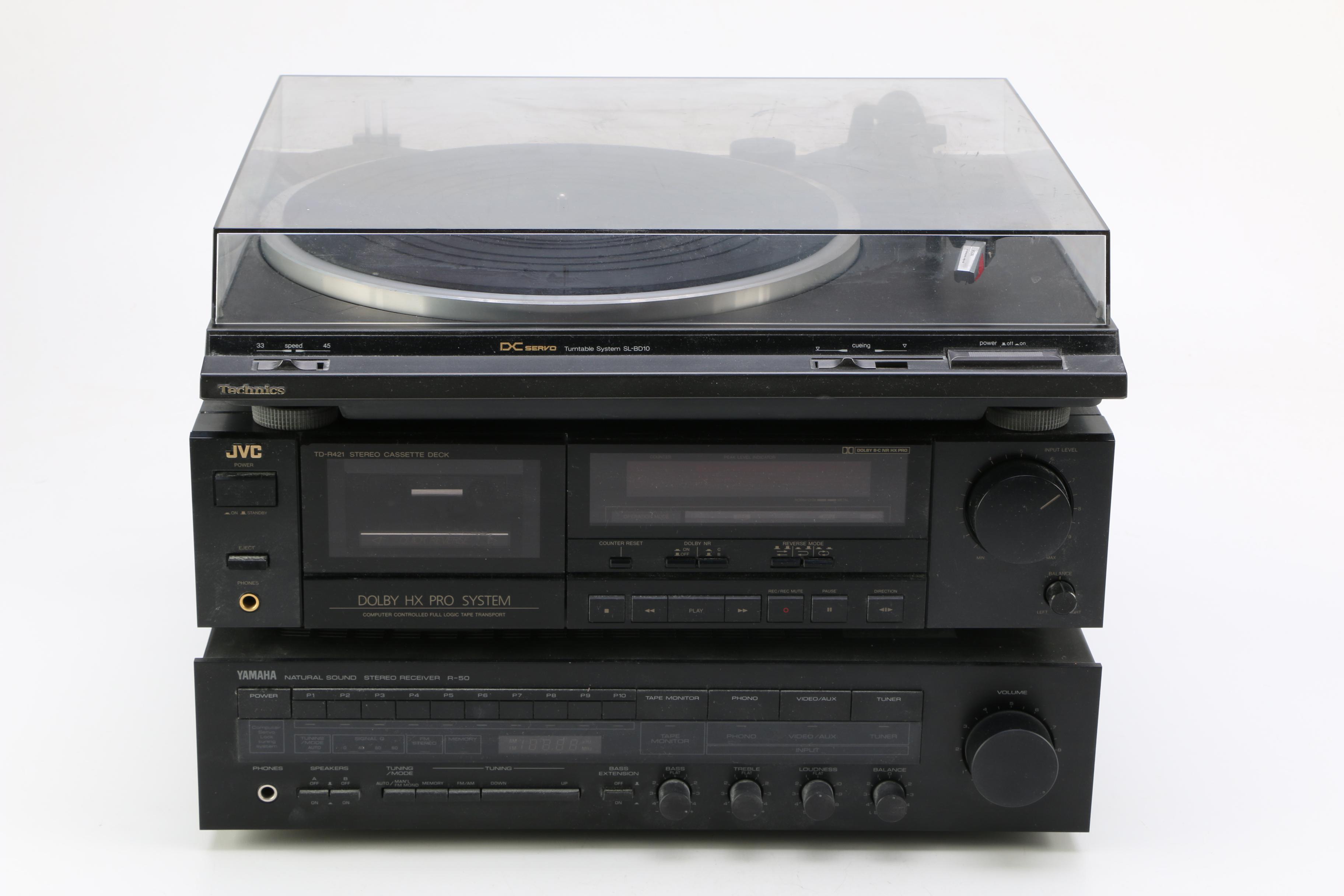 Turntable, Receiver, Cassette Player and Classical Theme LPs
