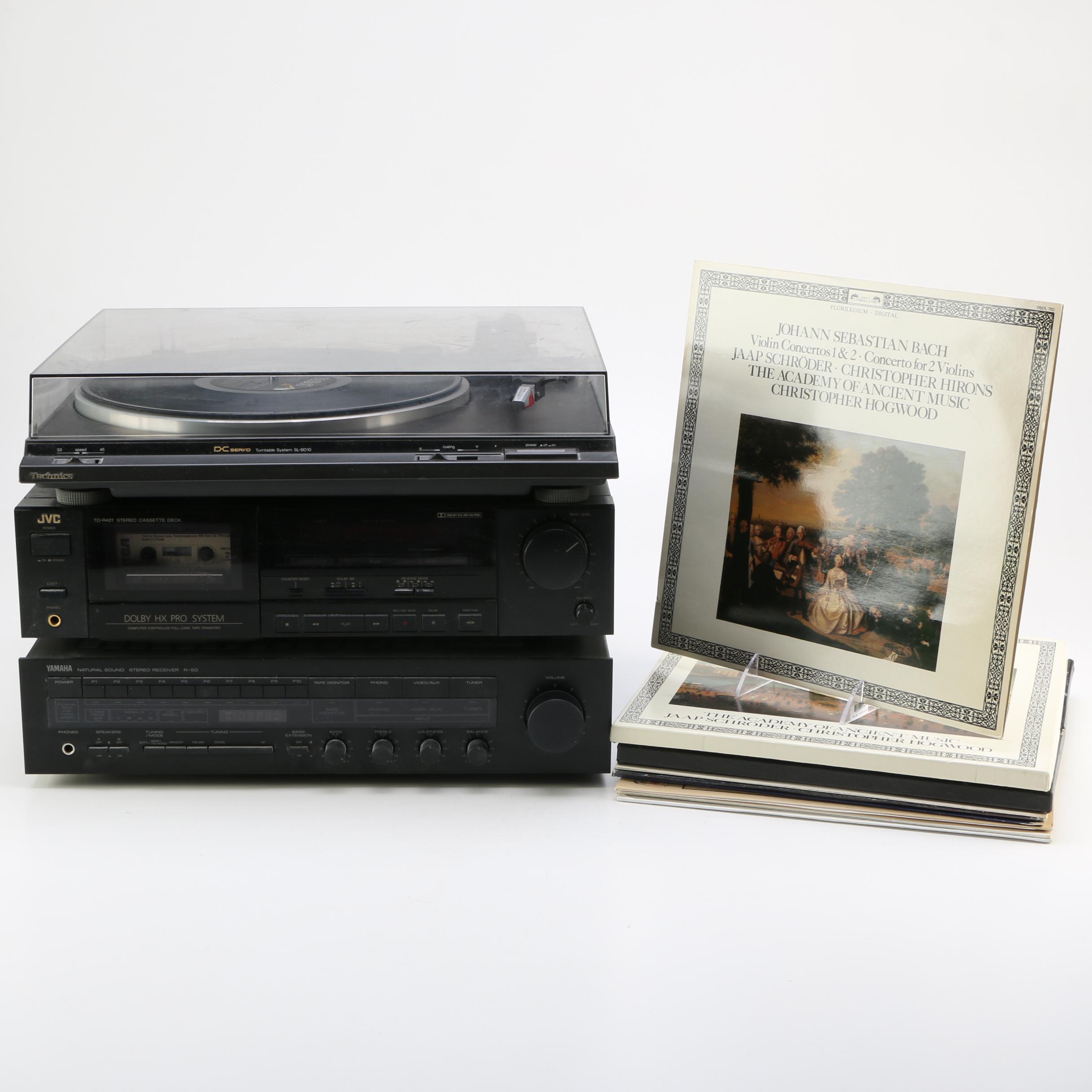 Turntable, Receiver, Cassette Player and Classical Theme LPs