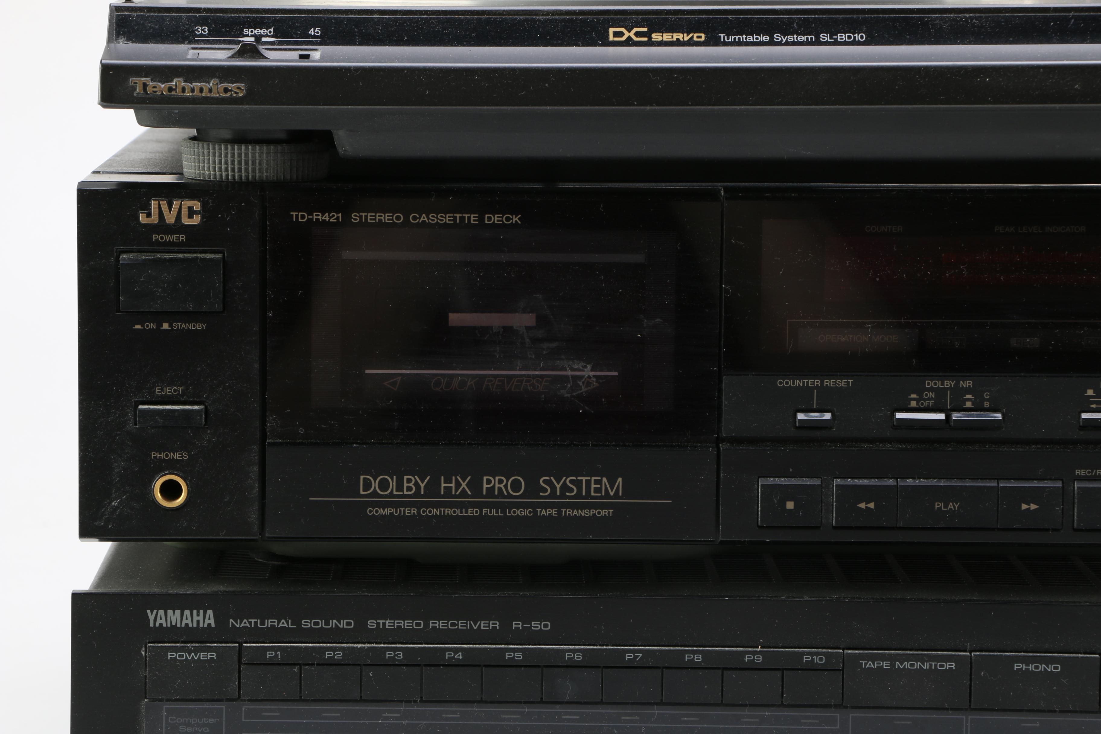 Turntable, Receiver, Cassette Player and Classical Theme LPs