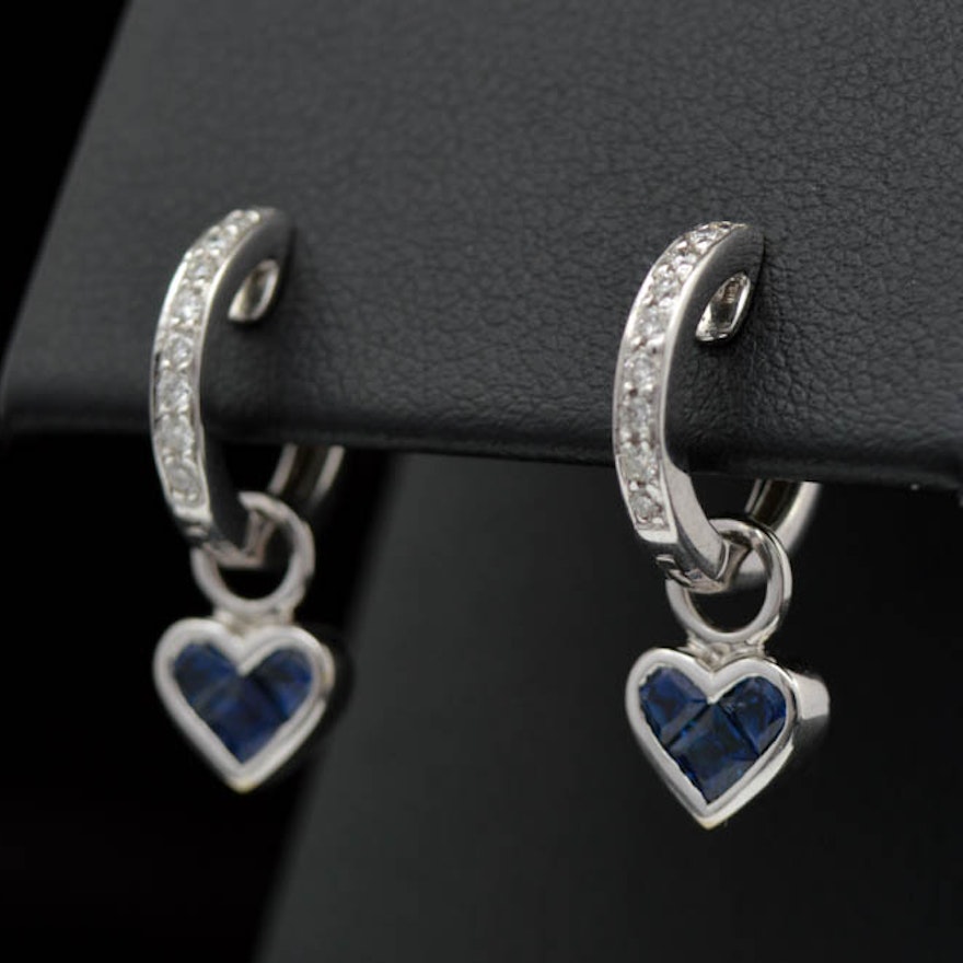 0.20 CTW Diamond, Blue Sapphire and 18K White Gold Earrings